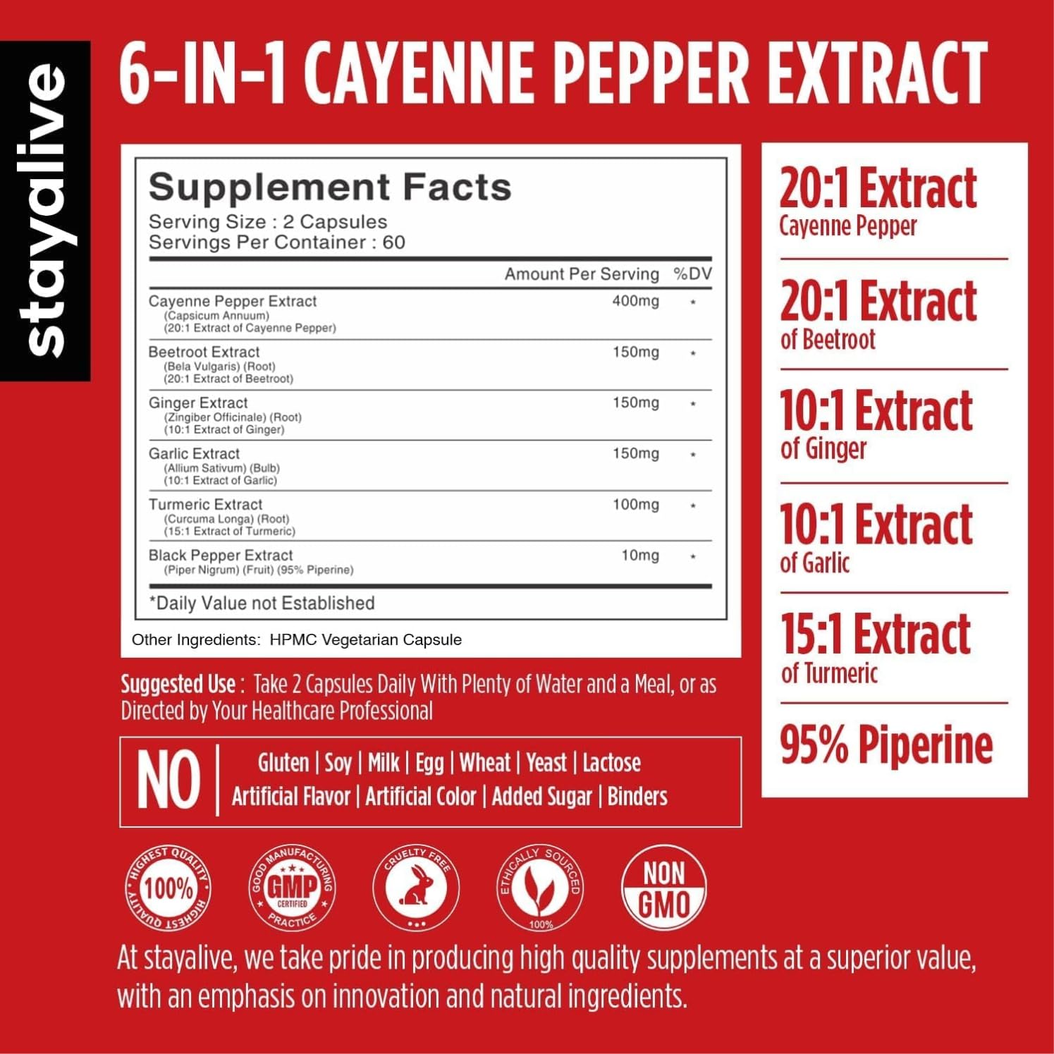 STAY ALIVE Cayenne 6-en-1 – gélules faciles à avaler pour une utilisation quotidienne pratique