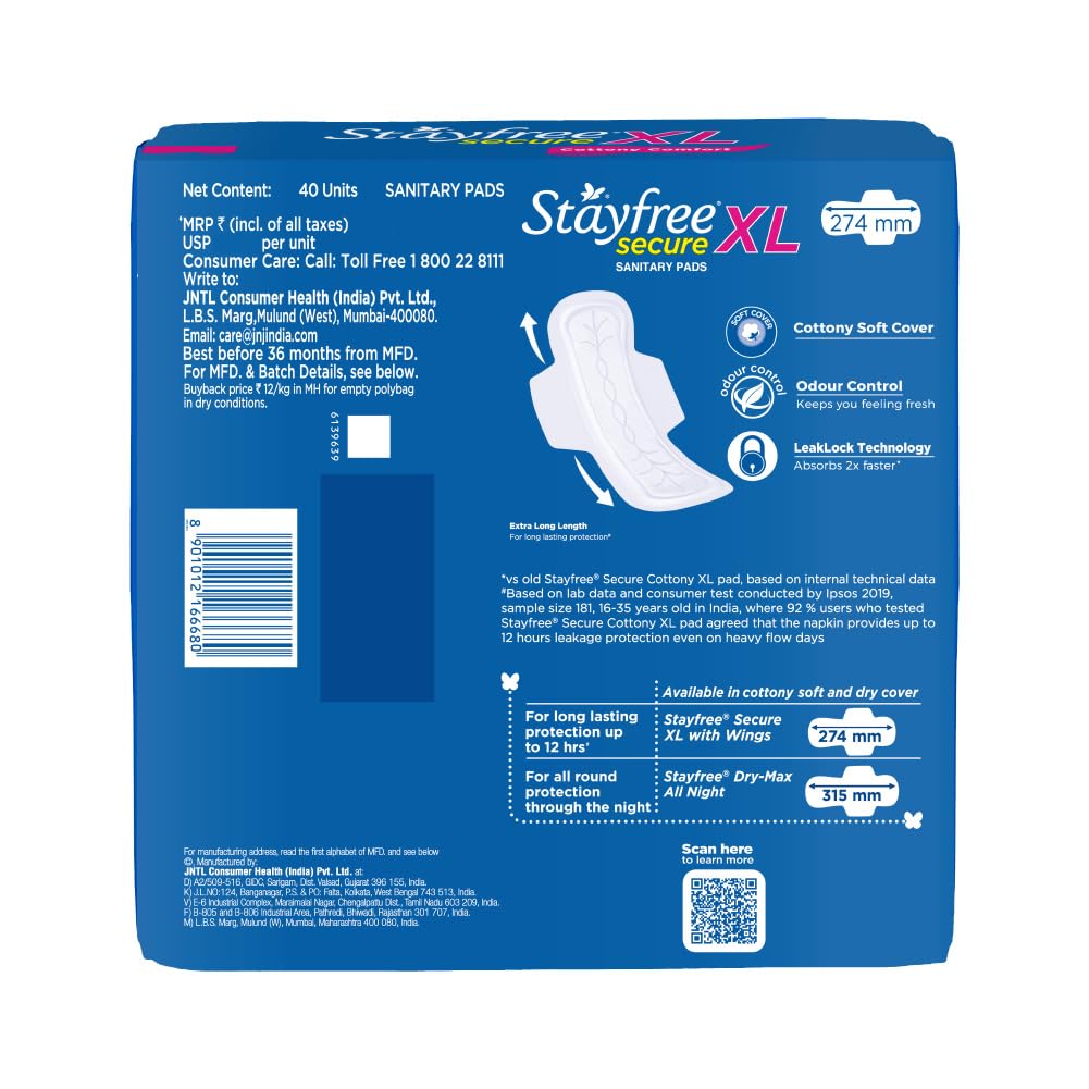 Emballage Stayfree de 40 protections hygiéniques prêt à utiliser.