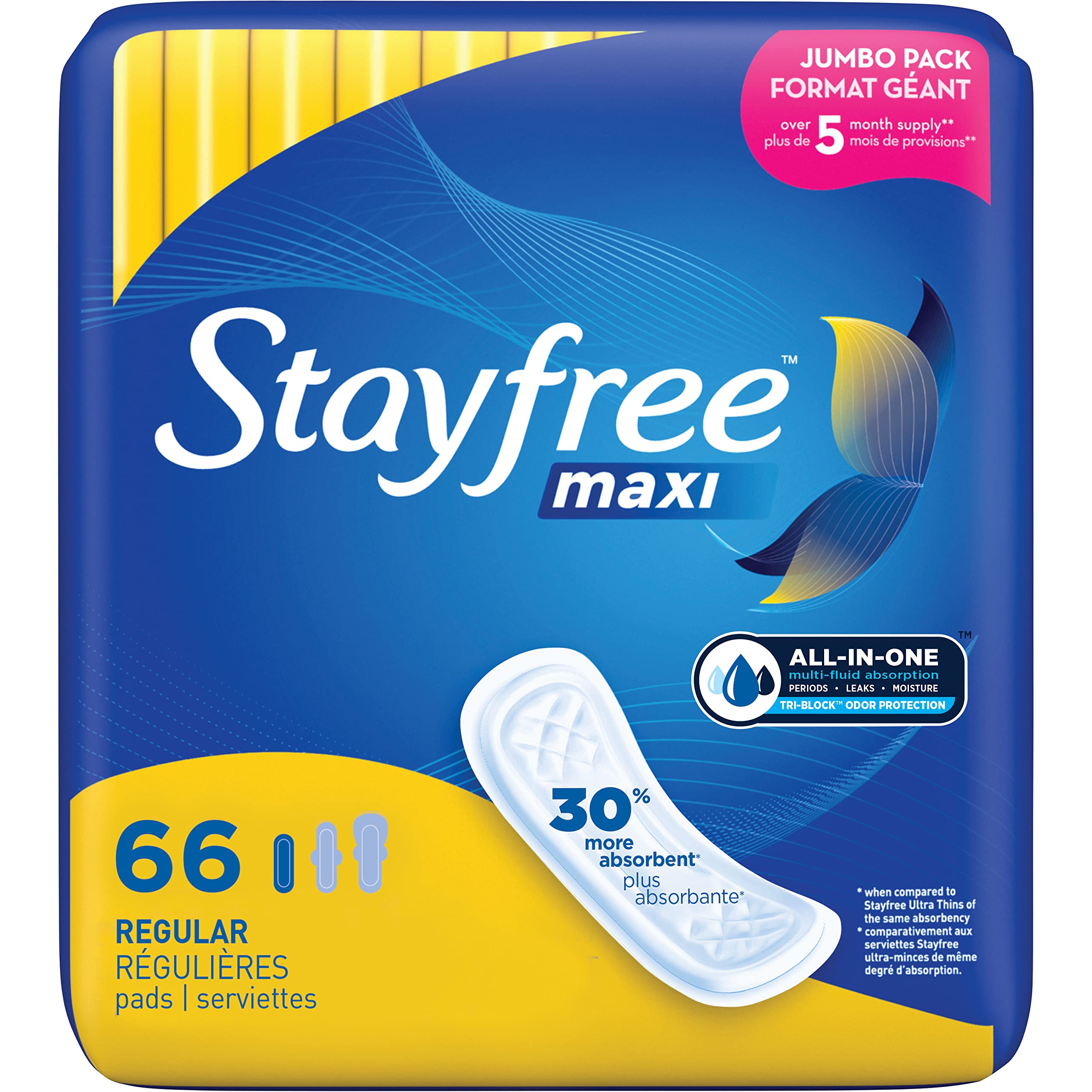 Stayfree Maxi Regular aperçu emballage montrant protection fiable pour flux modérés