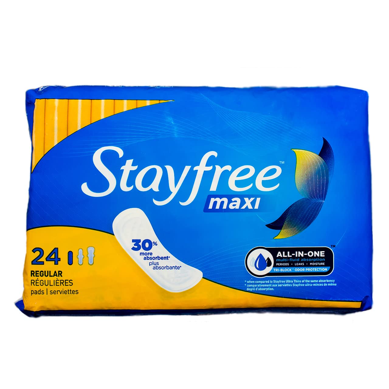Stayfree serviette maxi régulière noyau absorbant pour une protection fiable.
