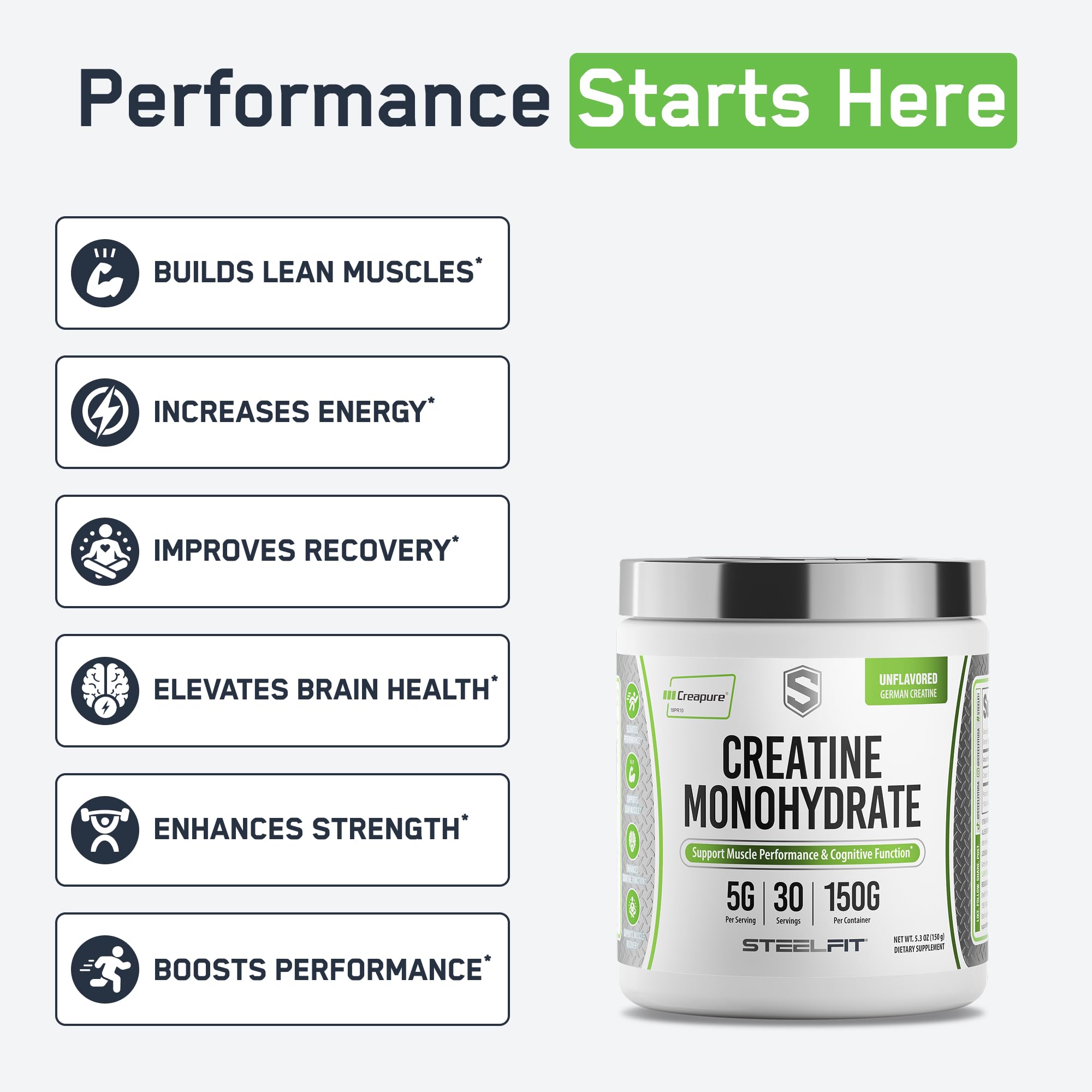 SteelFit Creapure Créatine Monohydrate, doseur pratique pour doser facilement.