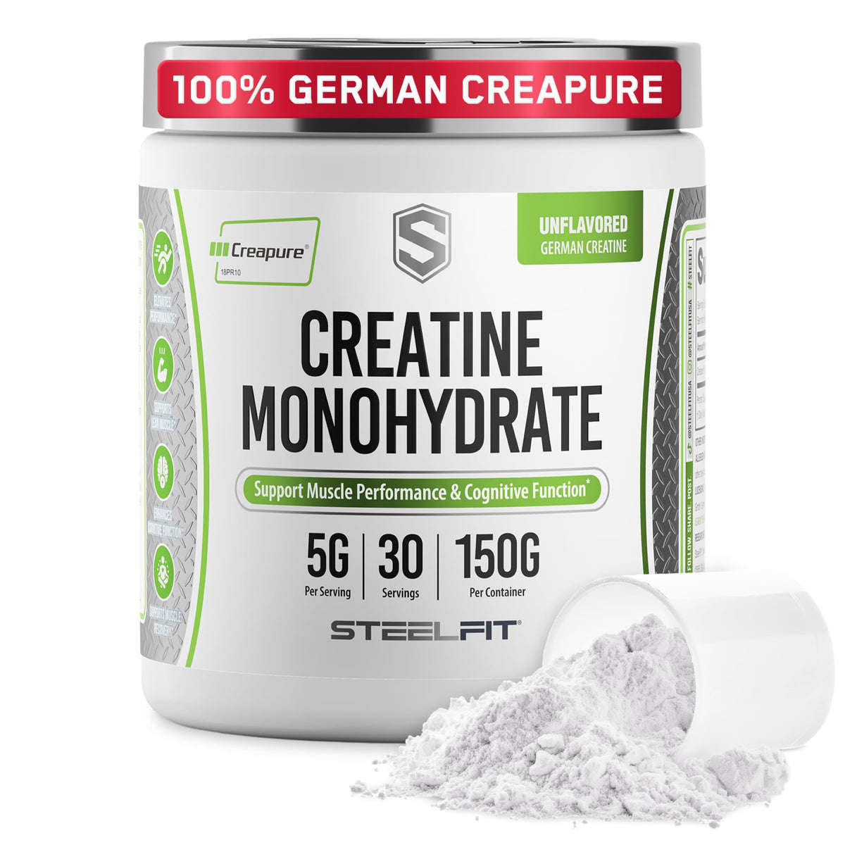 SteelFit Creapure Créatine Monohydrate, flacon 150 g pour l'entraînement.
