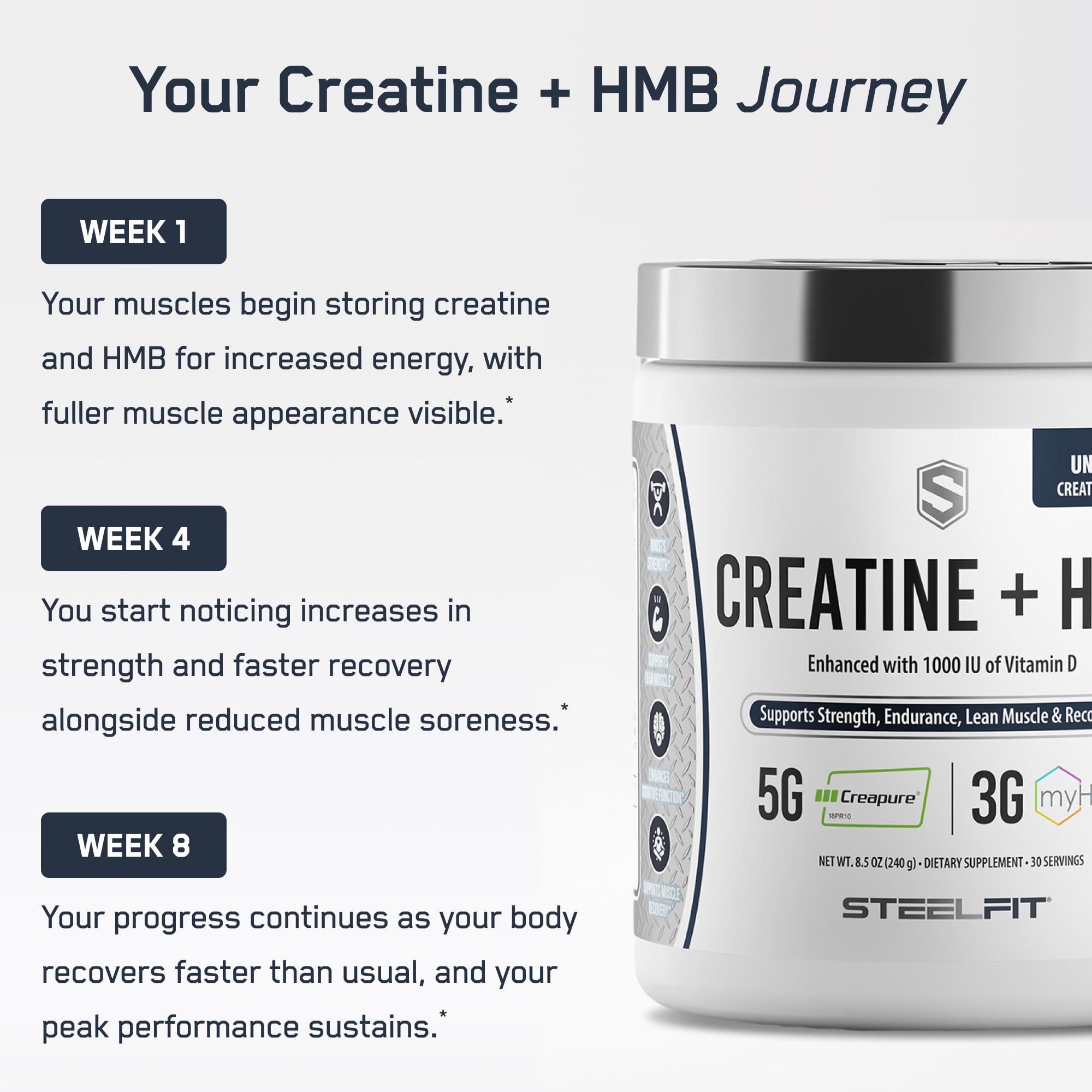 SteelFit Creapure – créatine monohydrate de haute pureté pour une stabilité.