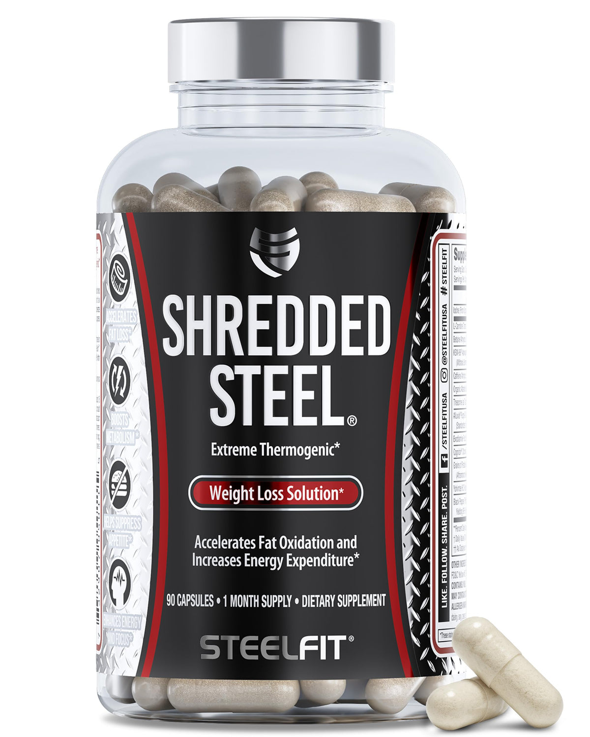 SteelFit Shredded Steel : bouteille ouverte révélant les capsules et l'énergie potentielle.