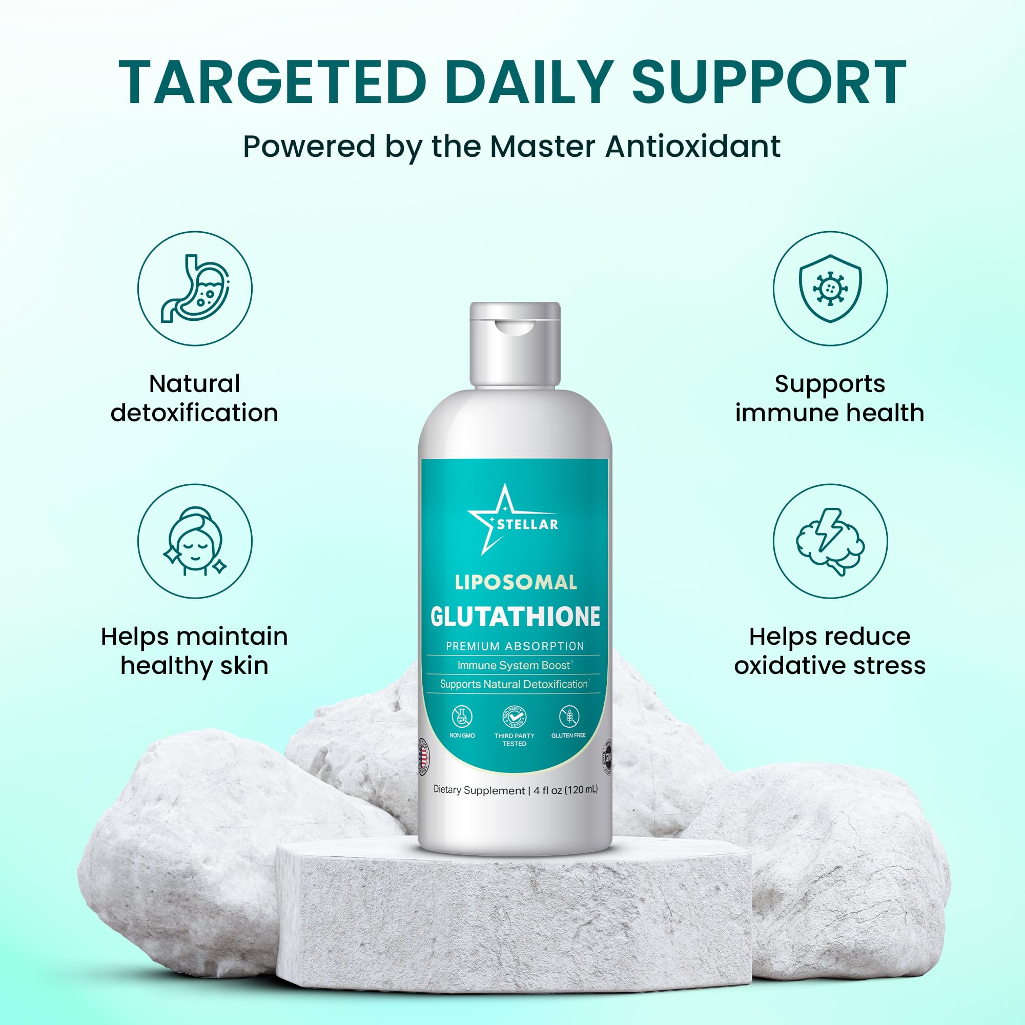 Stellar Liposomal Glutathione soutient potentiellement les défenses durant les activités quotidiennes.