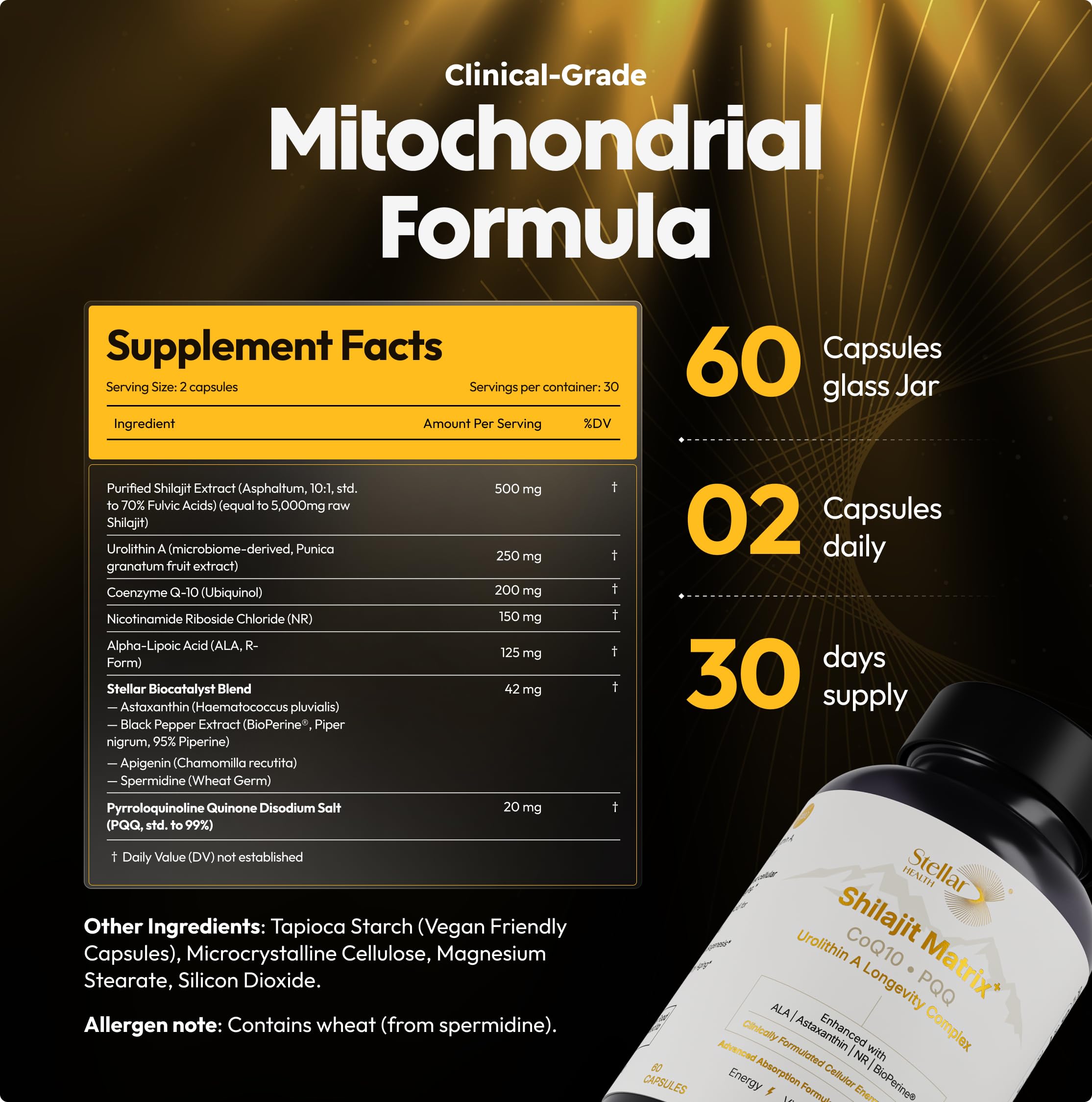 Stellar Health – PQQ 20 mg pour activation mitochondrienne et biogenèse.