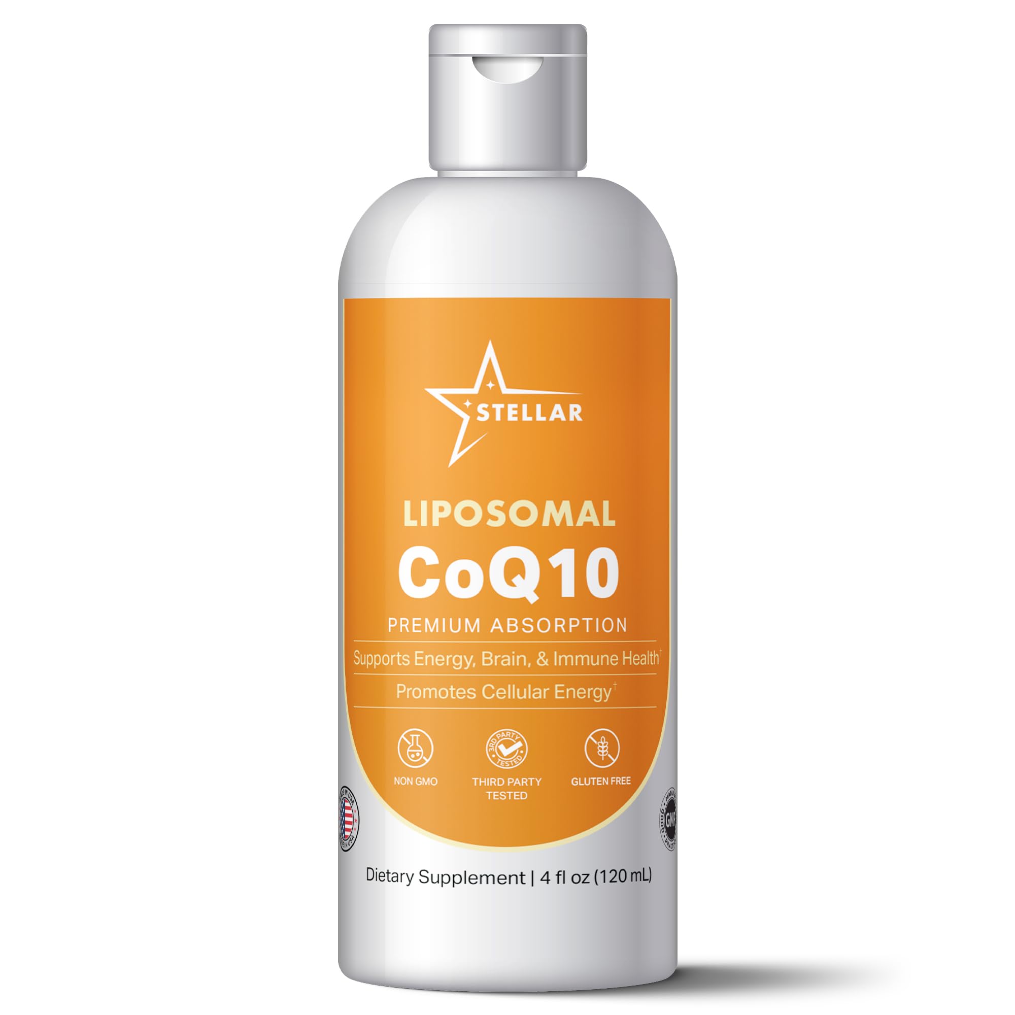 Stellar Liposomal CoQ10 bouteille 120ml prête à être ajoutée à une boisson pour absorption améliorée.