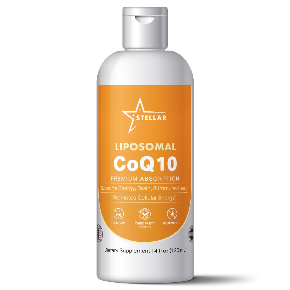 Stellar Liposomal CoQ10 bouteille 120ml prête à être ajoutée à une boisson pour absorption améliorée.