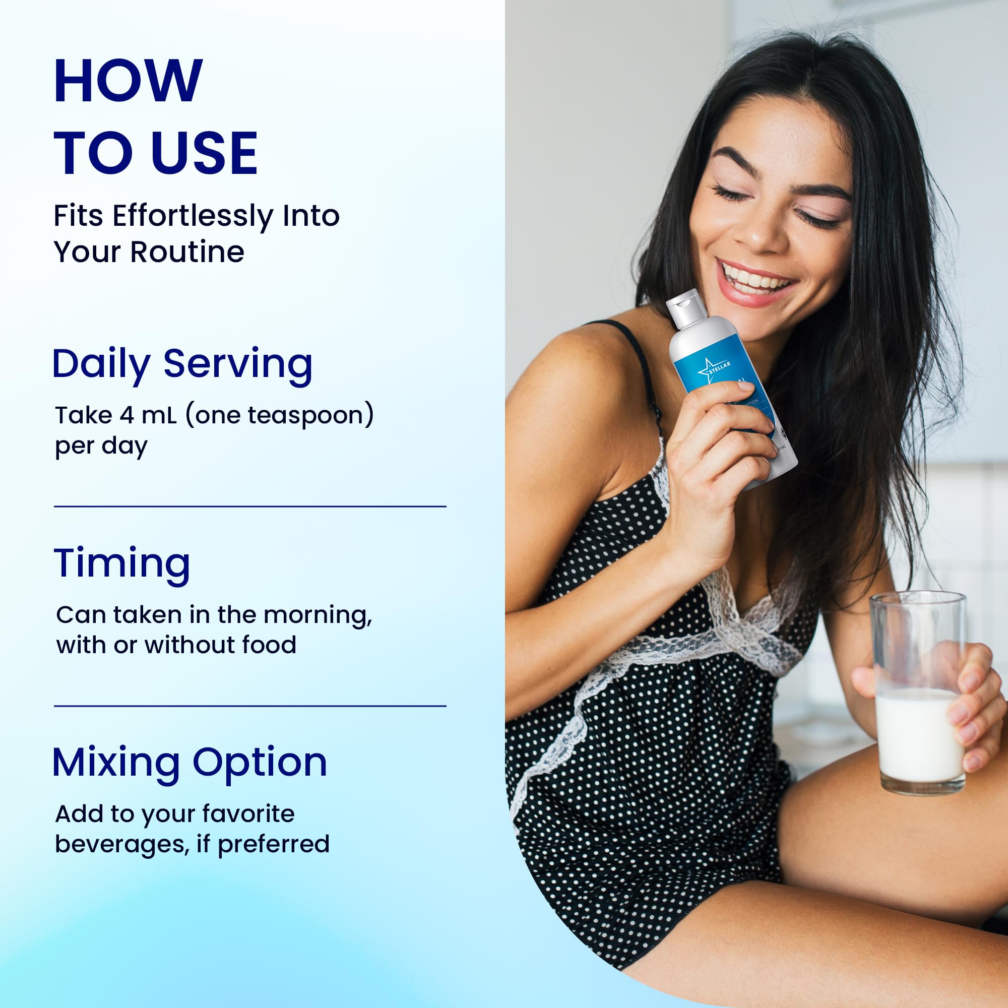 Stellar Liposomal NAD+ étiquette montrant ingrédients sans OGM et sans gluten.