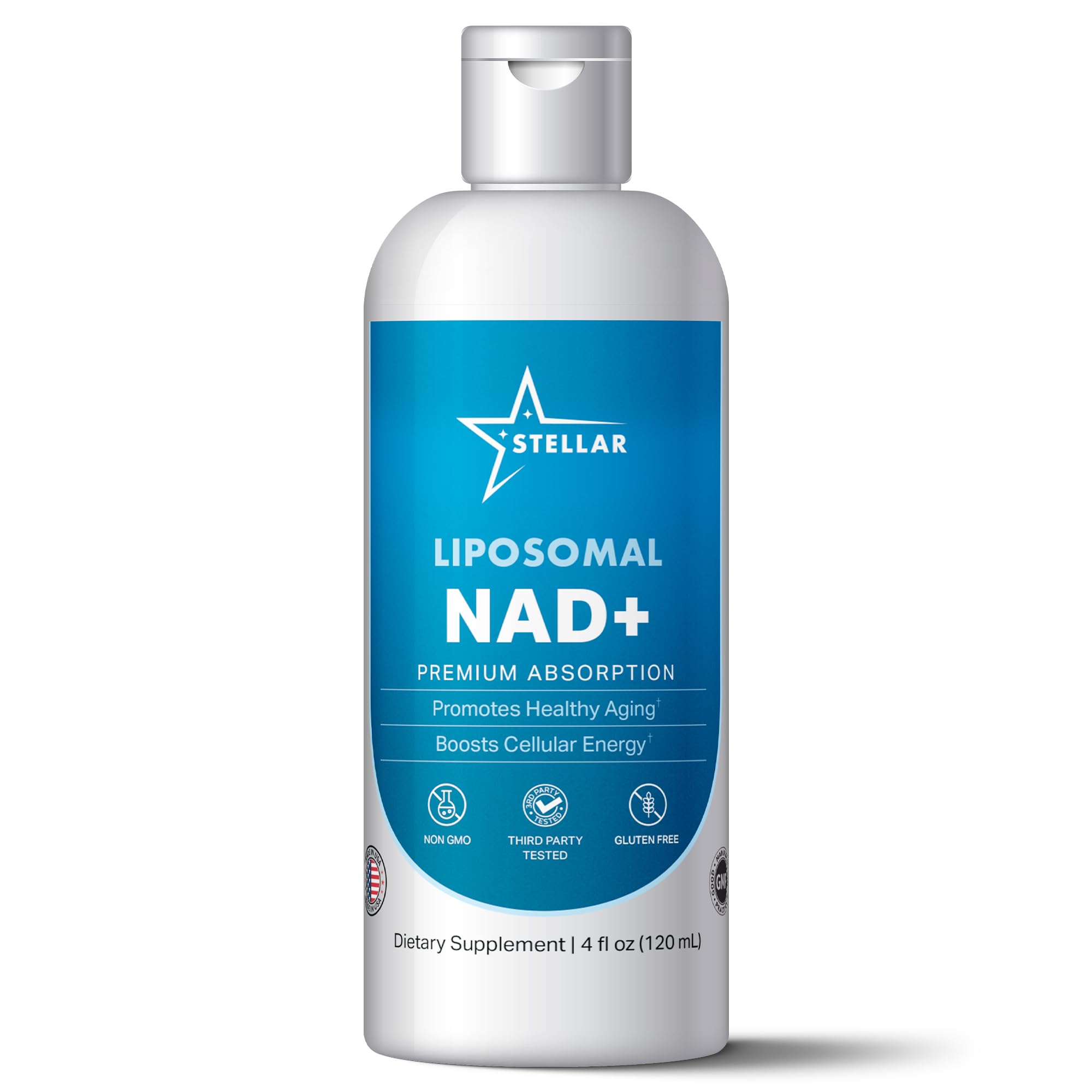 Stellar Liposomal NAD+ liquide, flacon: absorption améliorée pour énergie cellulaire.