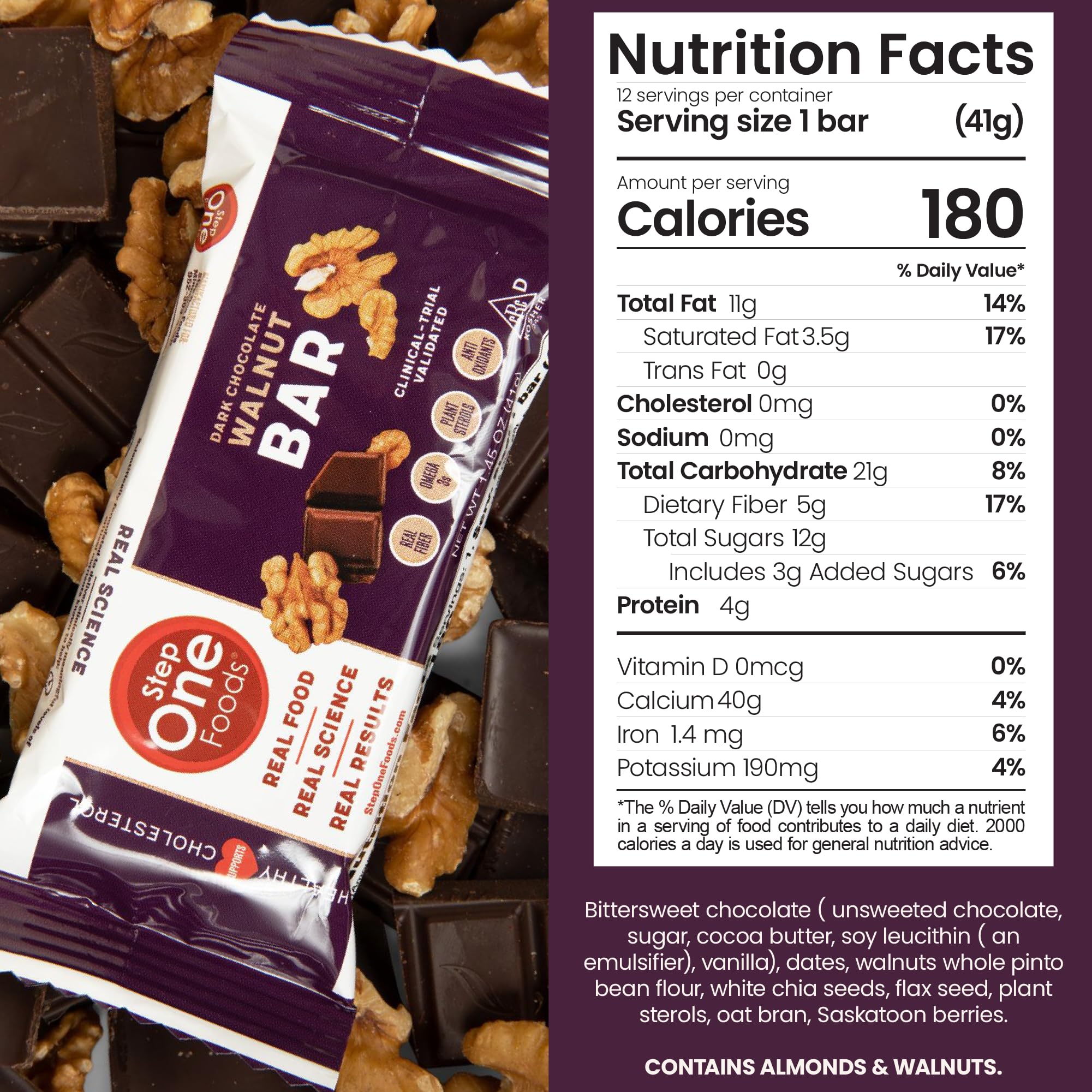 Barre Step One chocolat noir et noix emballage, snack pratique sans gluten.