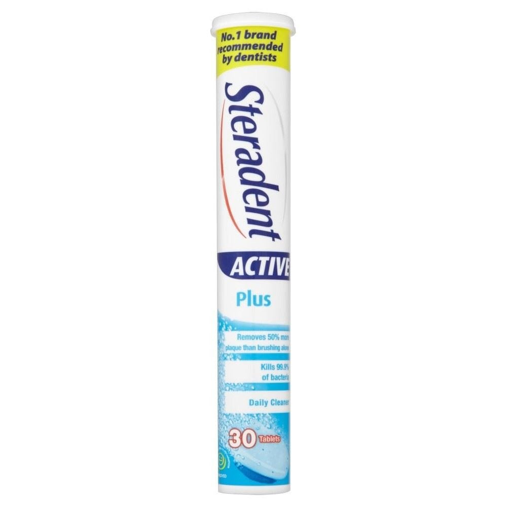 Steradent Active Plus, tablettes effervescentes, nettoyage prothèses et haleine fraîche.
