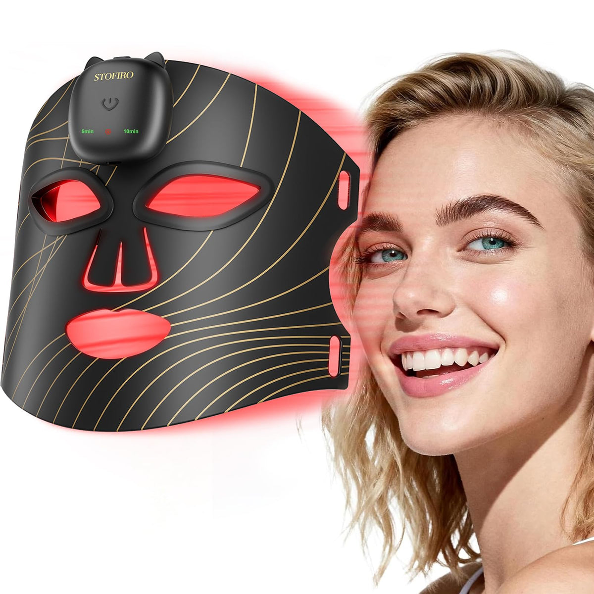 Masque Stofiro en lumière rouge 850 nm sur le visage, soin à domicile pour le confort quotidien