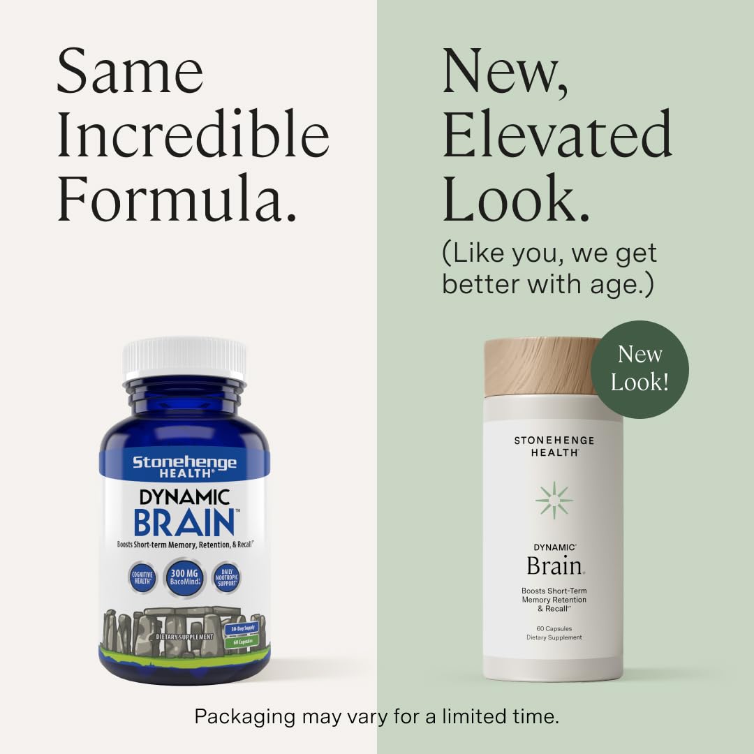 Capsules Stonehenge Health Dynamic Brain dans le flacon, faciles à intégrer à une routine cognitive.