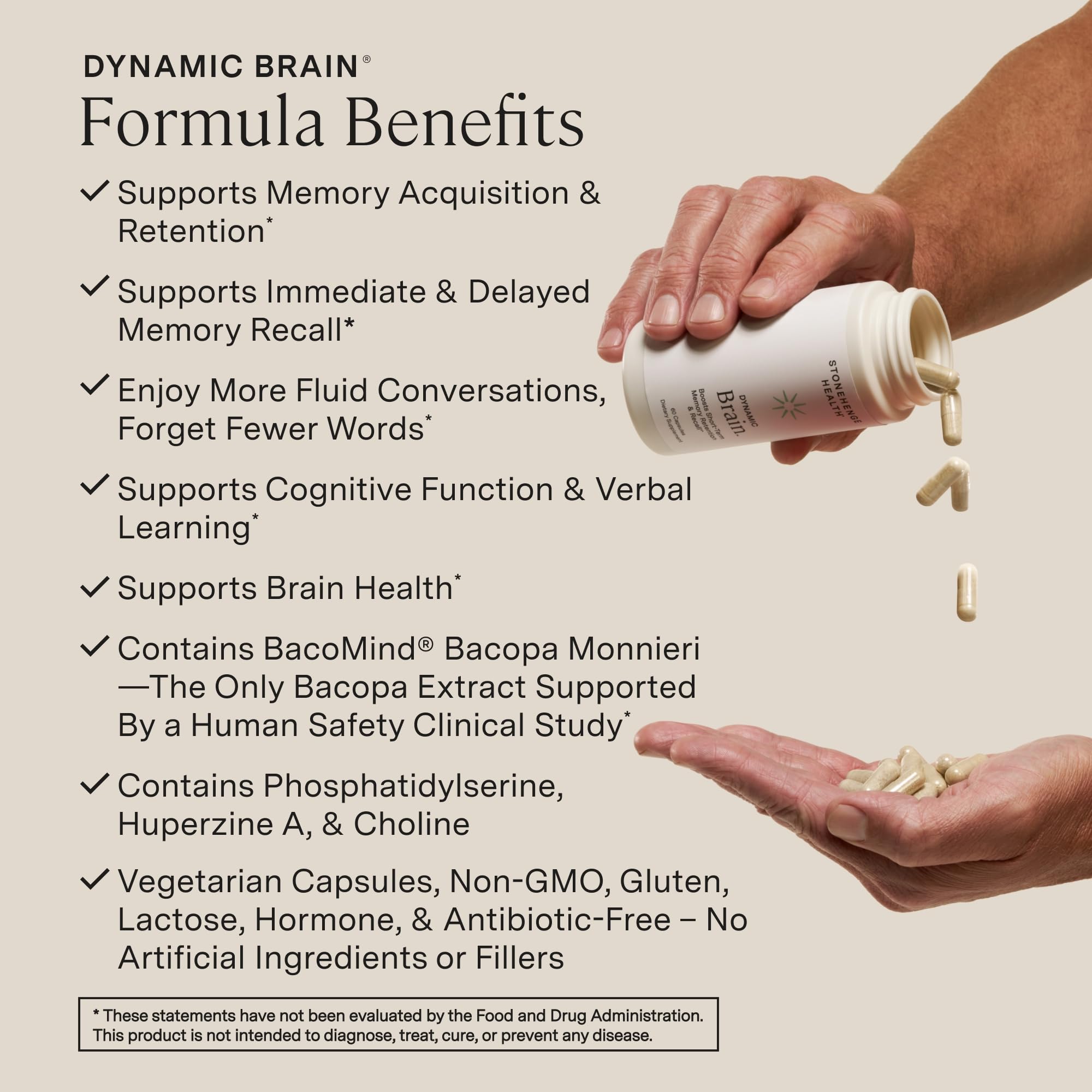 Etiquette Stonehenge Health Dynamic Brain sur le flacon, informations utiles sur le soutien cognitif.