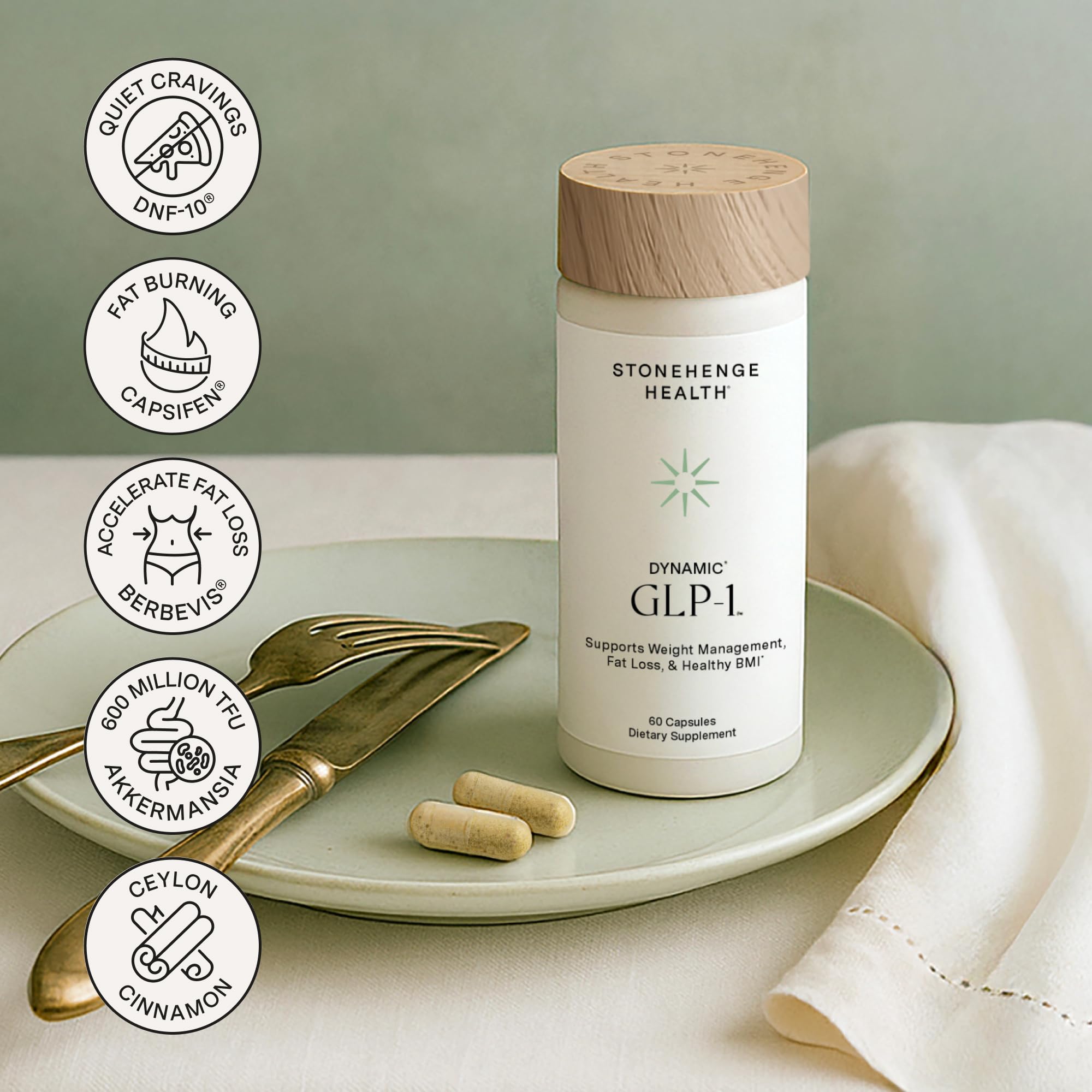 Stonehenge Health Dynamic GLP-1, vue macro des capsules, soutien potentiel à l'énergie naturelle.