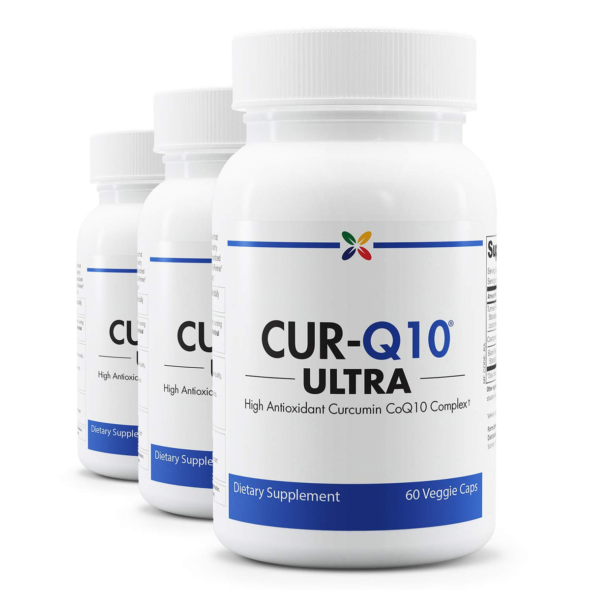 Stop Aging Now CUR-Q10 Ultra Complex : bouteille de gélules prête pour le soutien possible à la vitalité quotidienne.