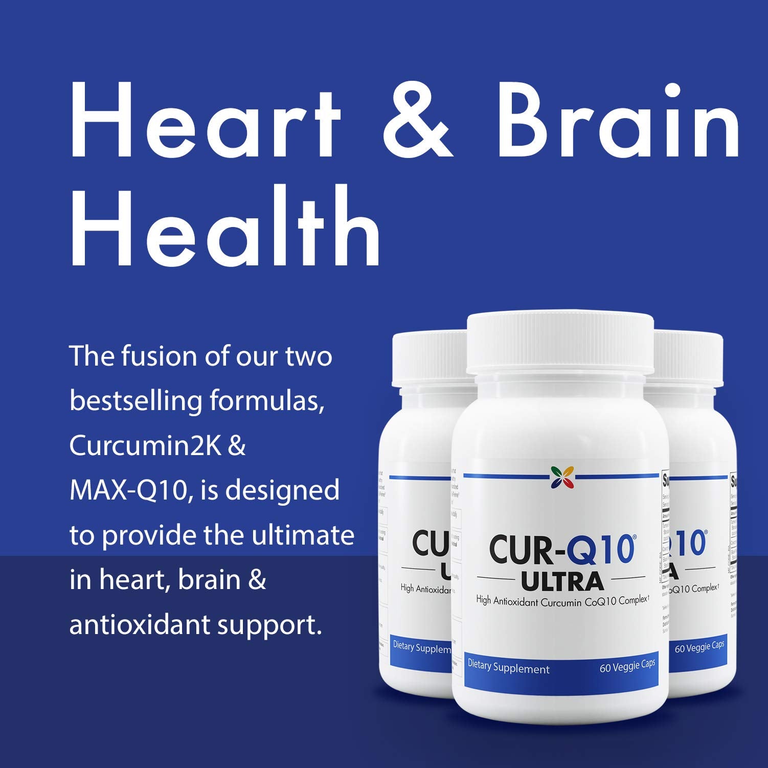 Stop Aging Now CUR-Q10 Ultra Complex : étiquette et emballage révélant Curcumin2K et MAX-Q10.