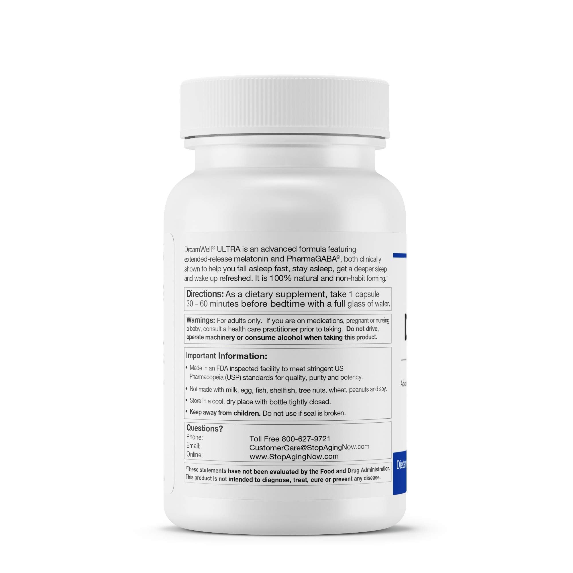DreamWell Ultra de Stop Aging Now, emballage clair et informations utiles sur le sommeil.
