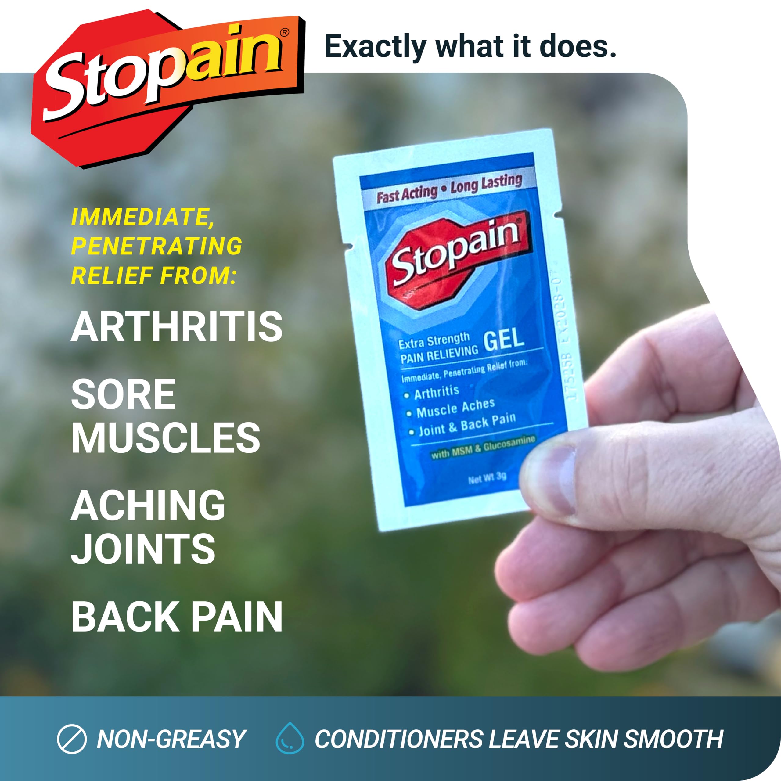 Stopain gel appliqué sur le genou, soulagement local et mobilité possible.