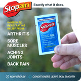 Stopain gel appliqué sur le genou, soulagement local et mobilité possible.