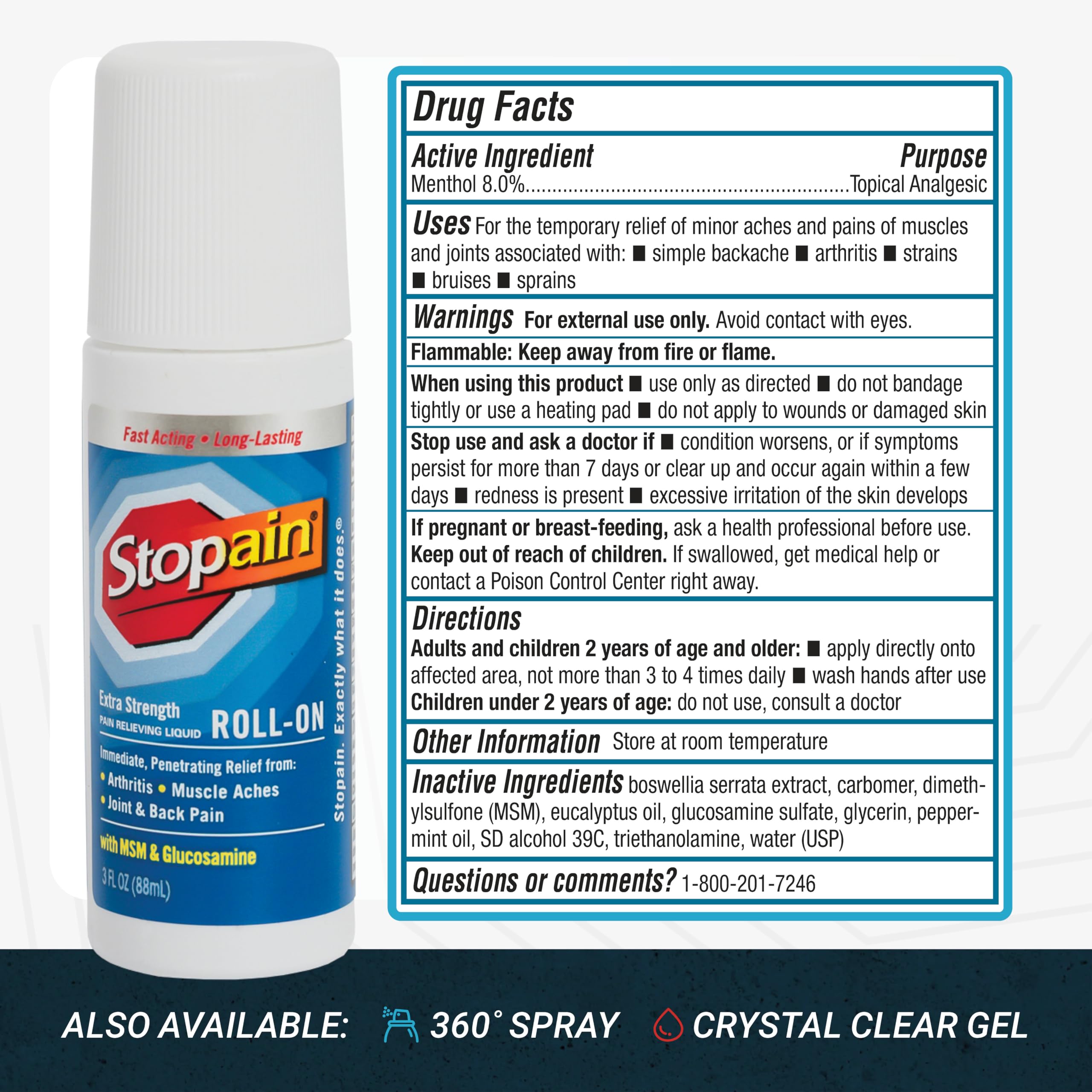 Stopain Gel Roll-On 3oz - Emballage pratique et fabrication aux États‑Unis.