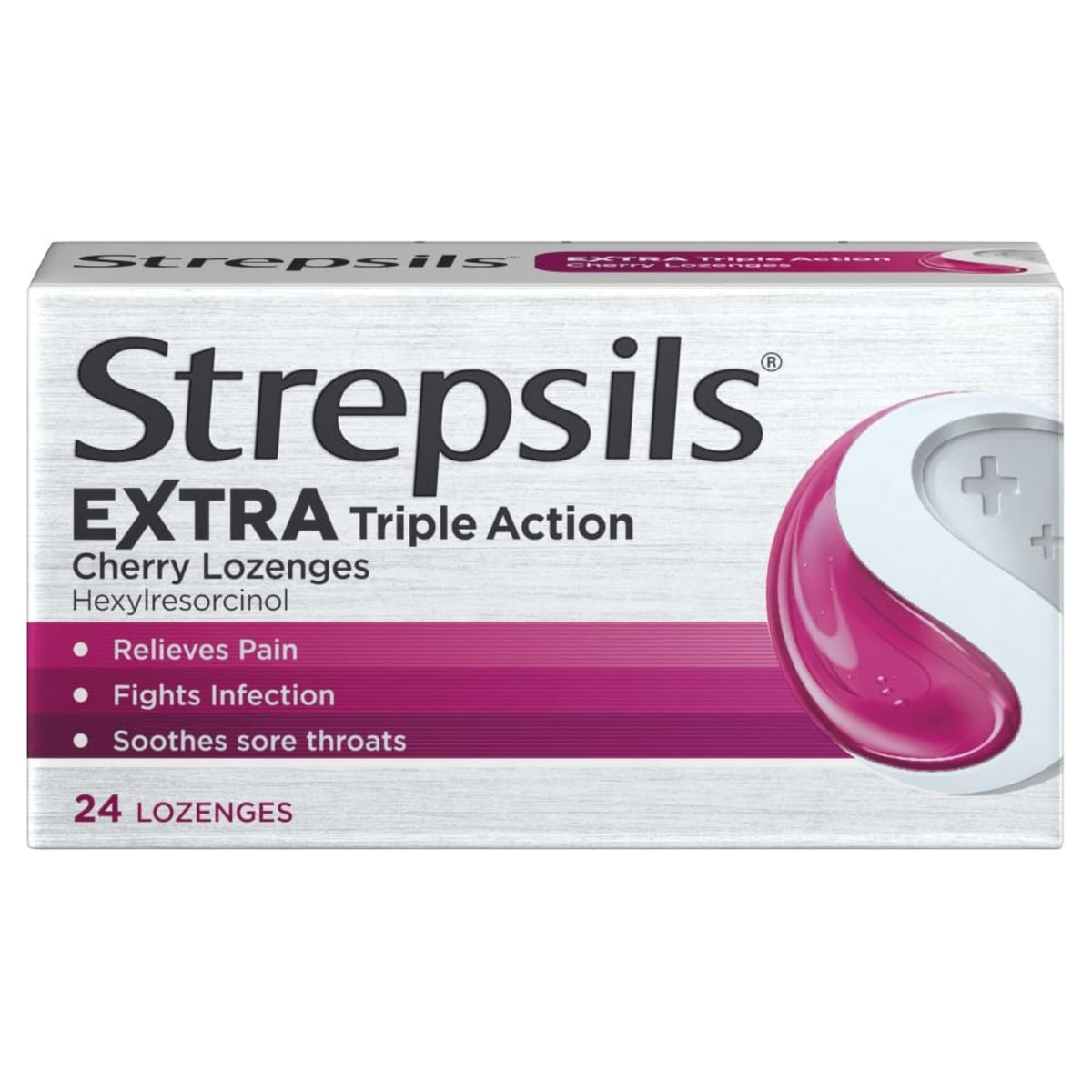 Strepsils Extra Triple Action Cerise : boîte et pastilles, soulagement rapide de la gorge.