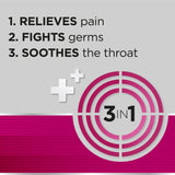 Pastille rouge Strepsils Extra Triple Action Cerise, action triple pour apaiser la douleur.