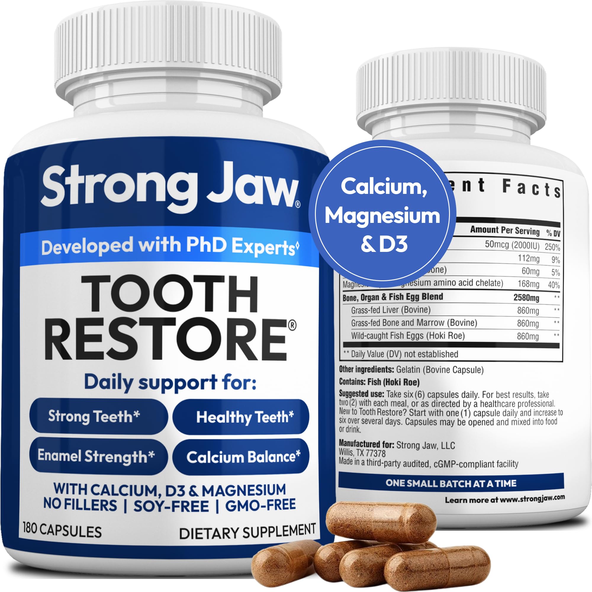 Strong Jaw: bouteille en vue frontale, soutien quotidien des dents et de l’émail.