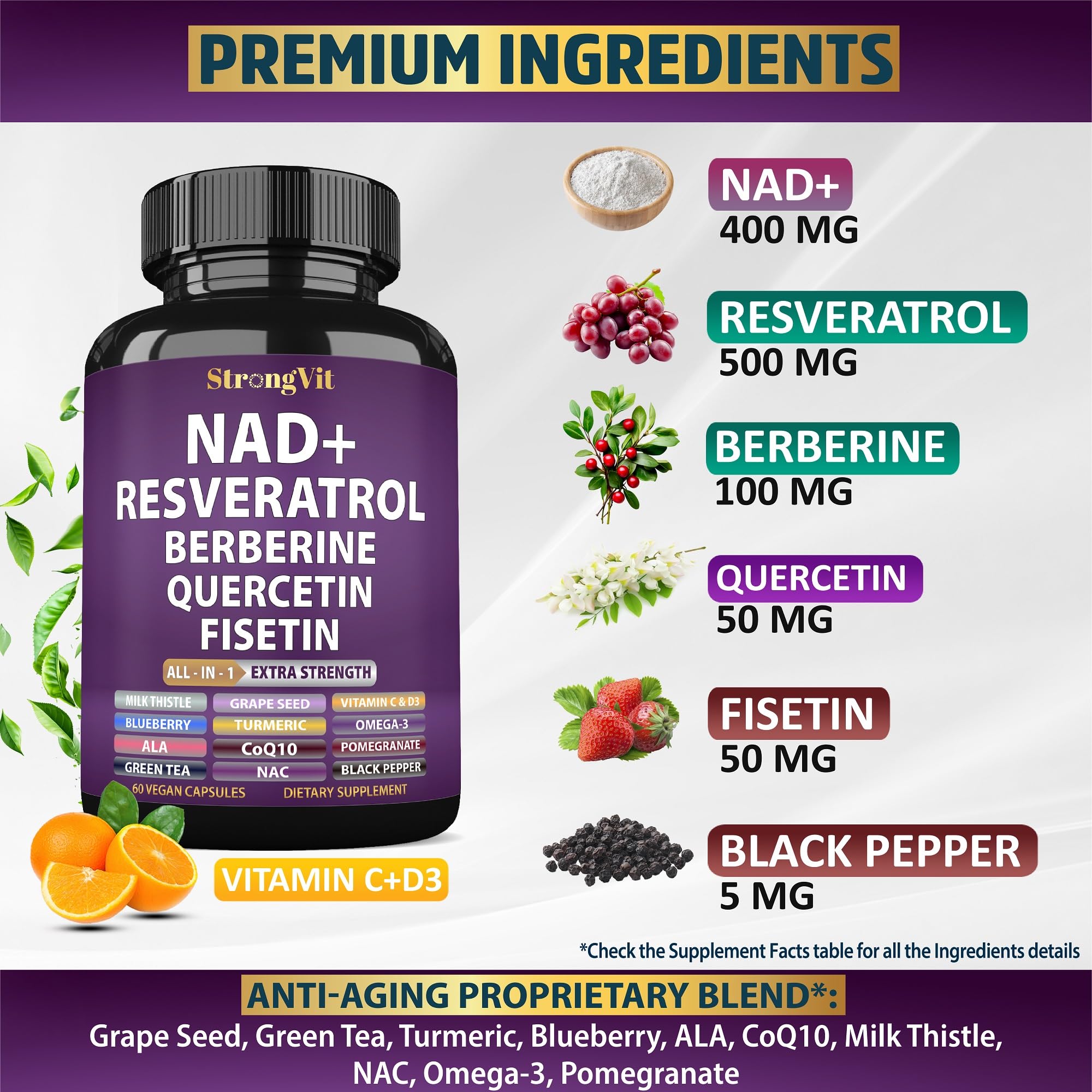 Capsules StrongVit NAD Resvératrol liposomal en gros plan et vegan.