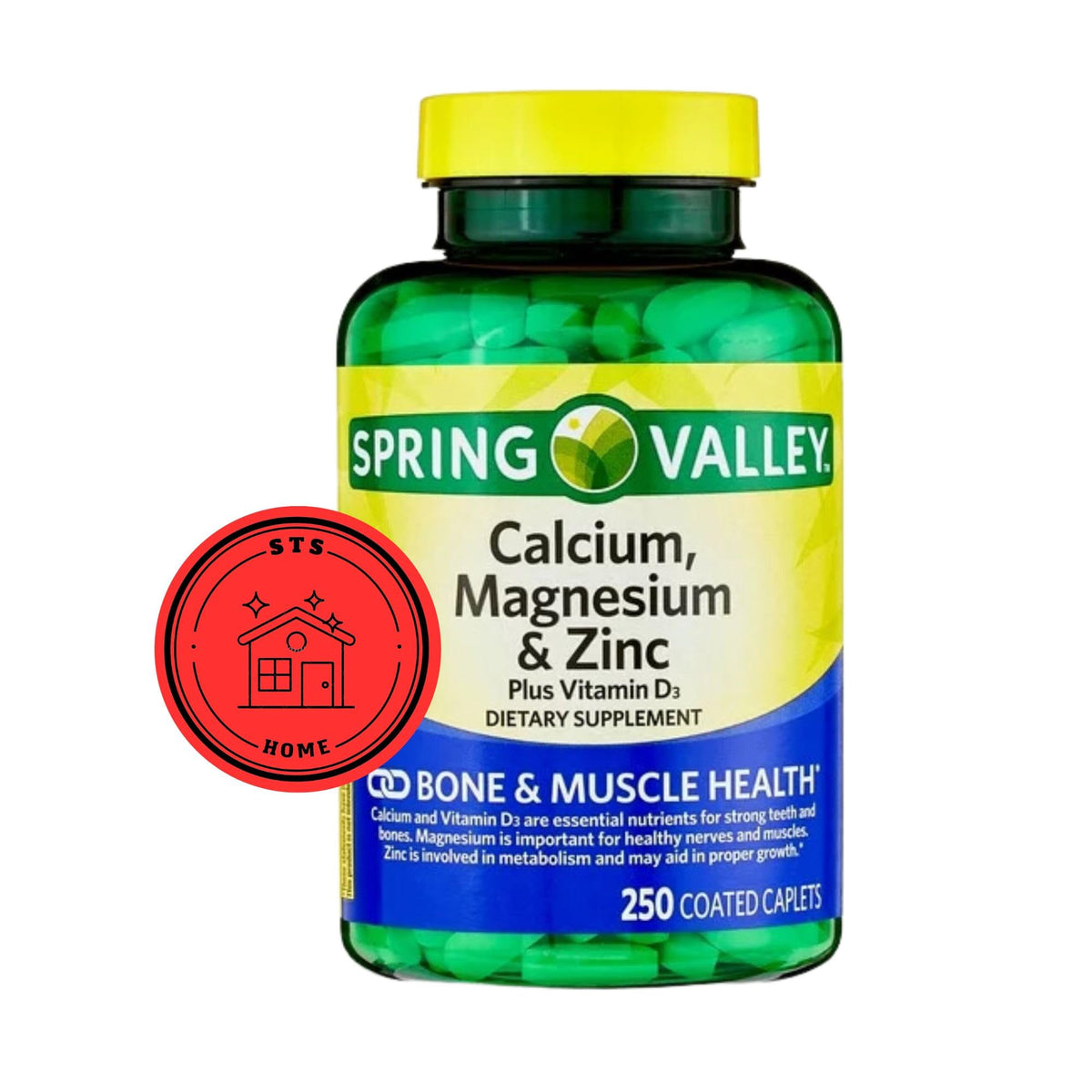 STS Home Calcium Magnésium Zinc D3 – Bouteille visible, soutien des os et dents au quotidien.