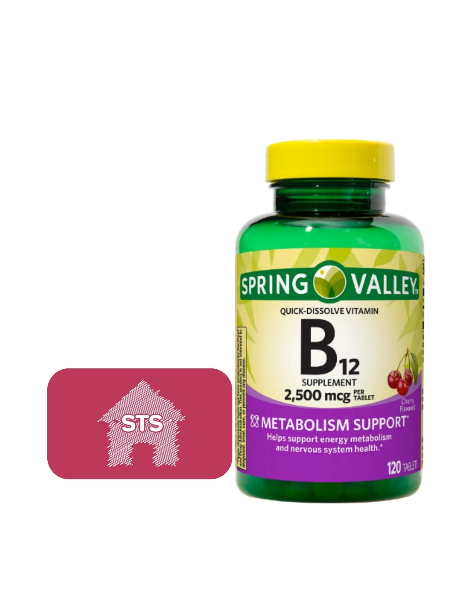 Spring Valley B12 comprimés dissolution rapide, présentation pratique dans l'emballage - soutien potentiel du métabolisme énergétique.