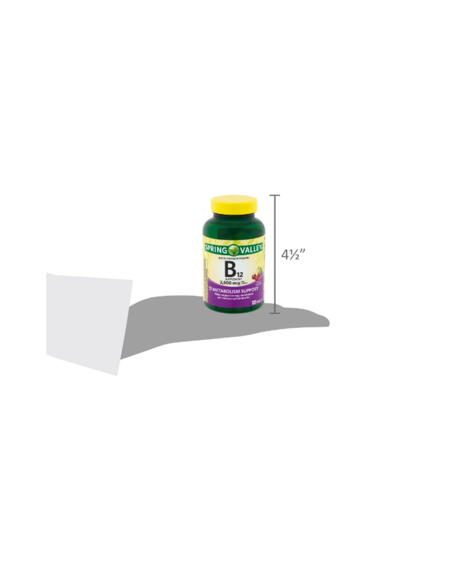Spring Valley B12 emballage et étiquette clairs, dosage quotidien facile à suivre.
