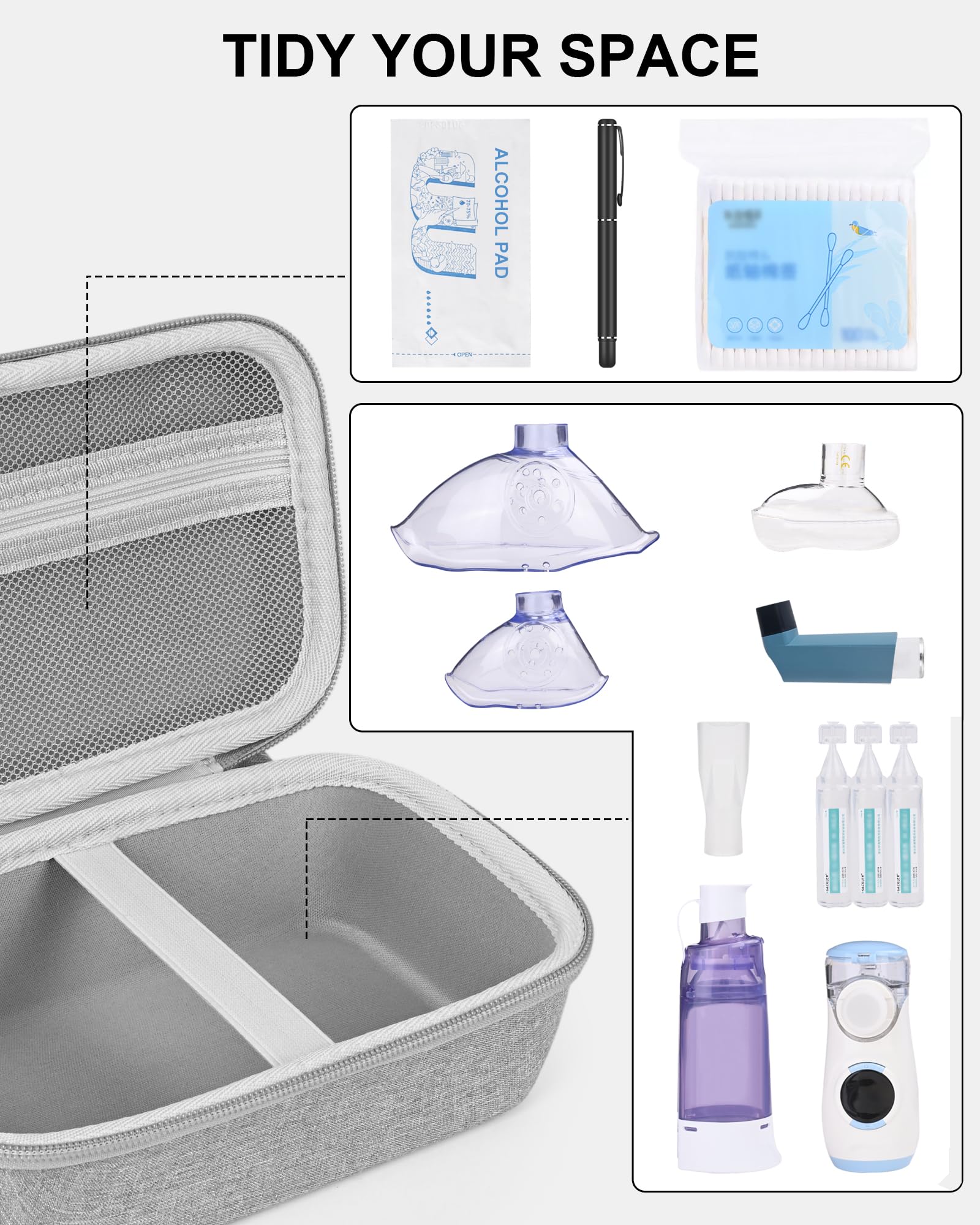 Intérieur du boîtier stukcaze – rangement organisé pour inhalateur et accessoires.