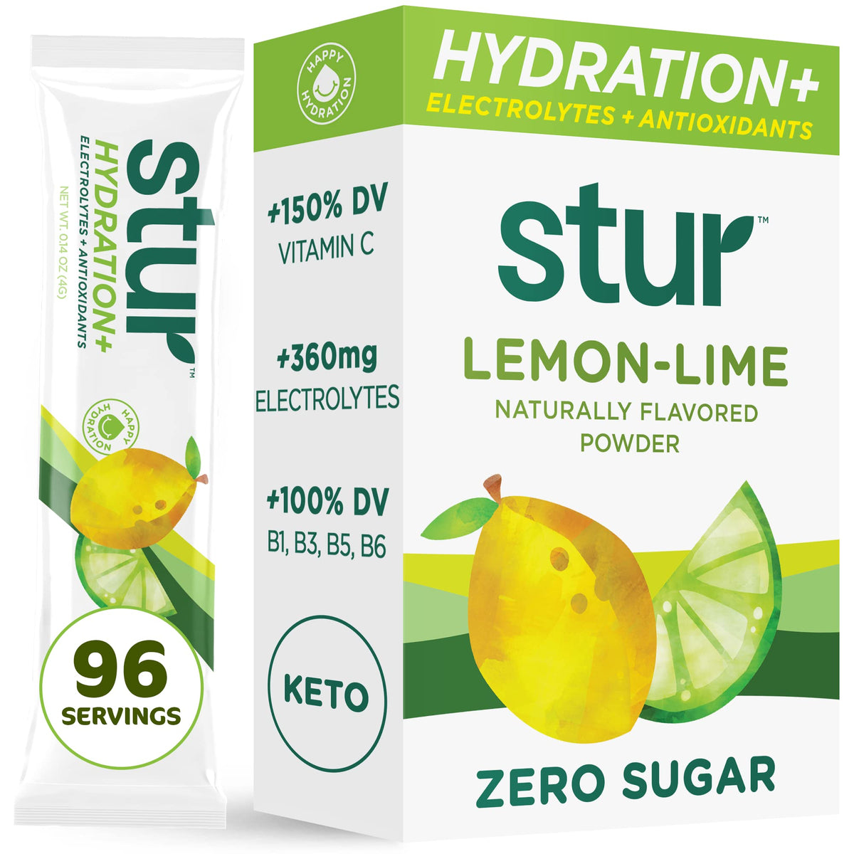 Stur Électrolytes Poudre emballage citron-lime, hydratation pratique sans sucre.