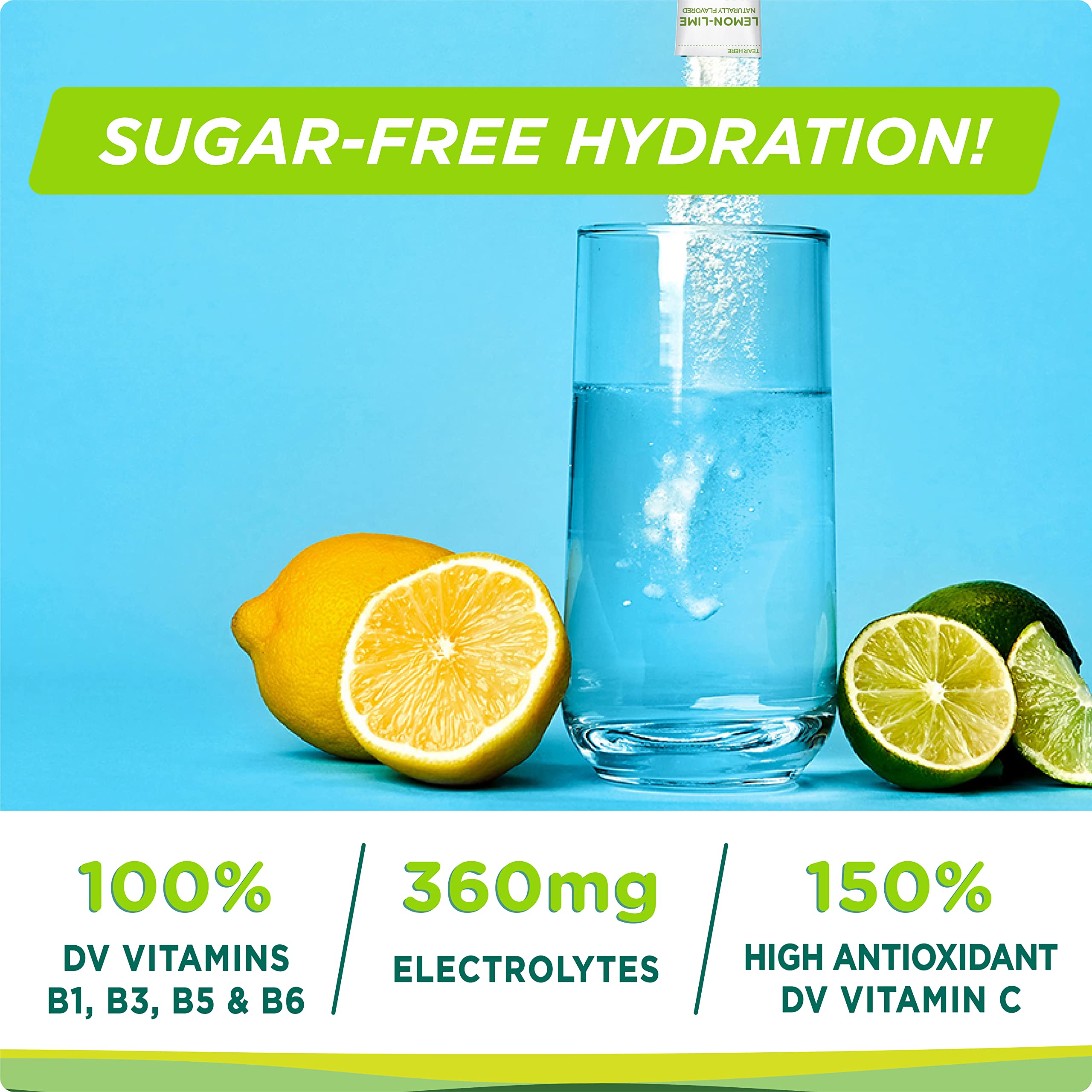 Stur Électrolytes Poudre verre-boisson citron-lime, boisson rafraîchissante sans sucre ajouté.