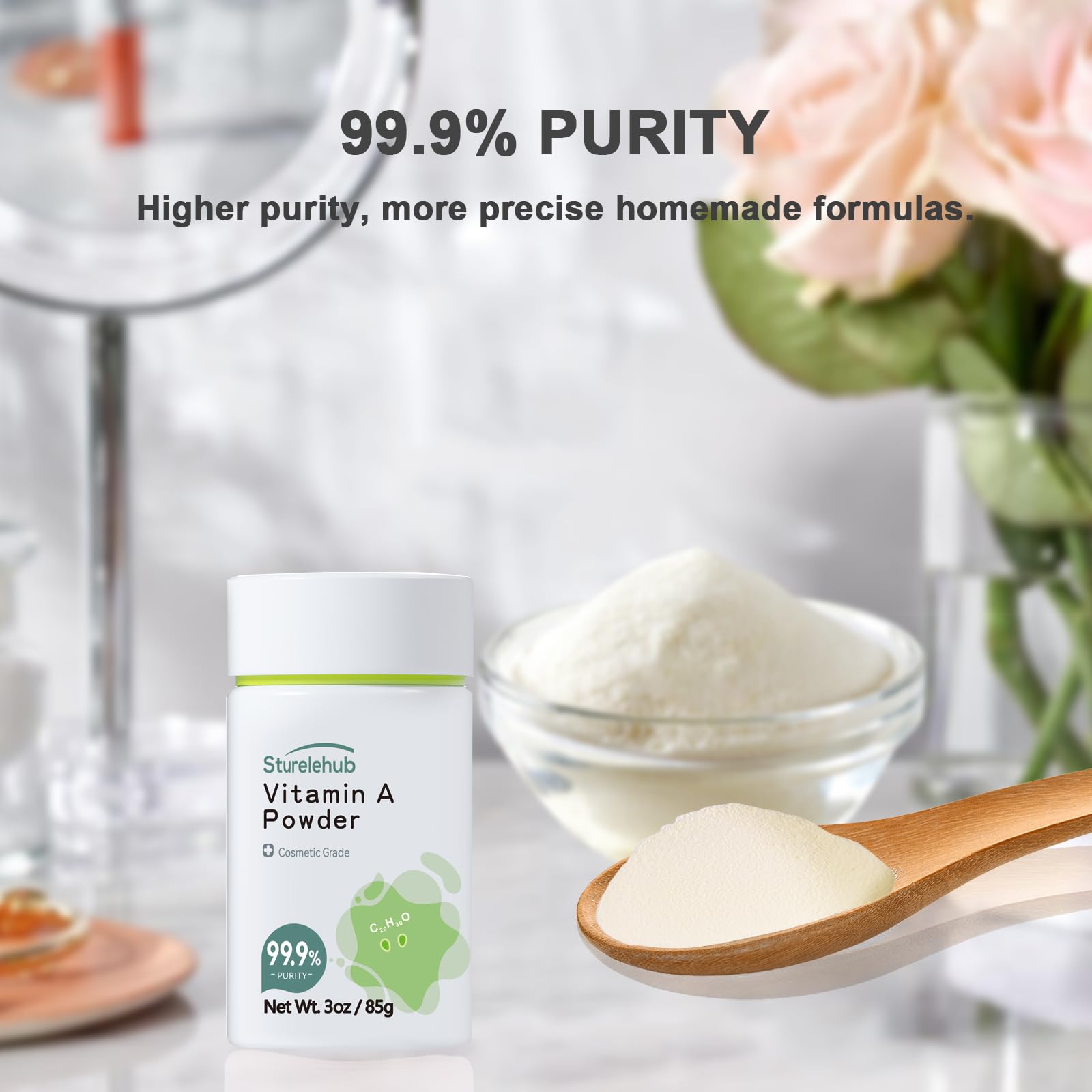 Texture fine de la poudre palmitate de rétinol prête à intégrer une crème.