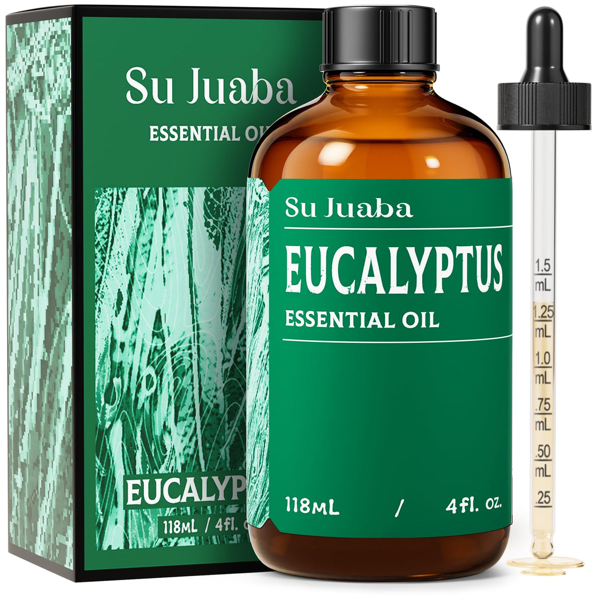 SU JUABA Eucalyptus : bouteille ambrée pour une aromathérapie rafraîchissante et apaisante.