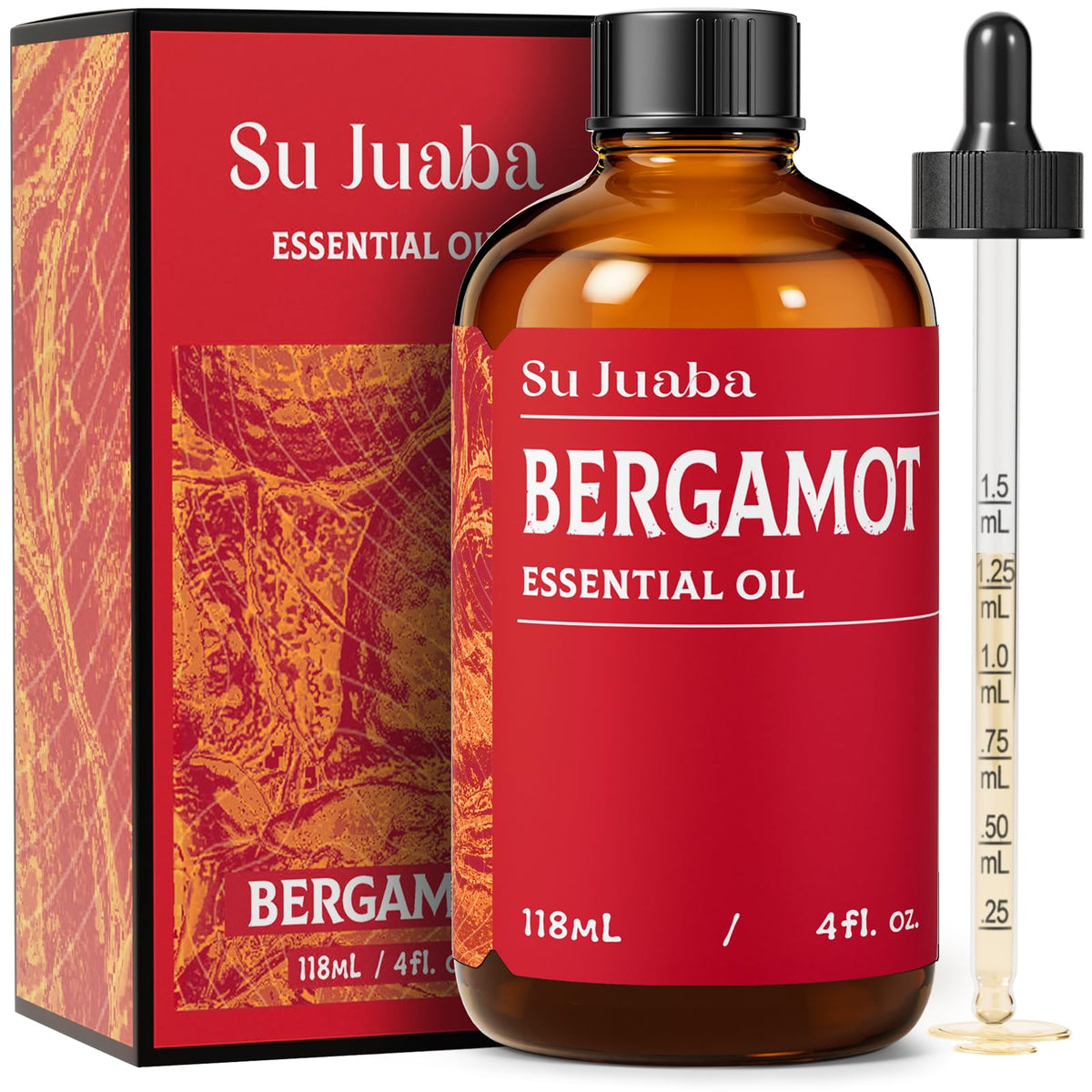 SU JUABA huile essentielle bergamote – Bouteille en verre ambré pour diffusion aromatique.