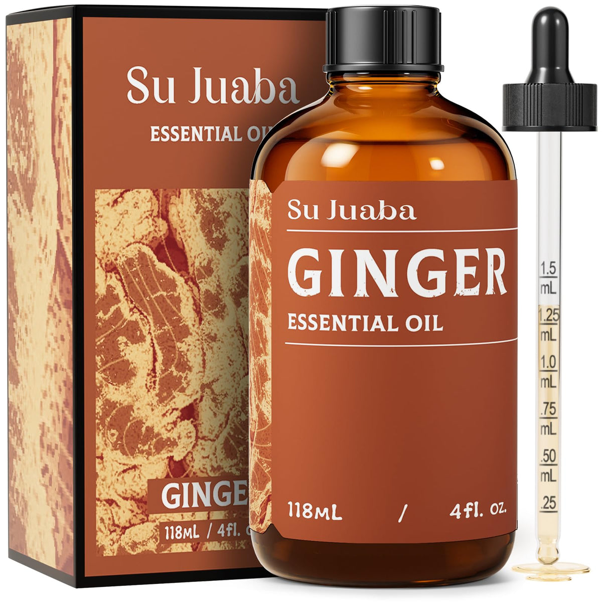 Huile essentielle de gingembre SU JUABA dans une bouteille ambrée pour arôme riche et pur