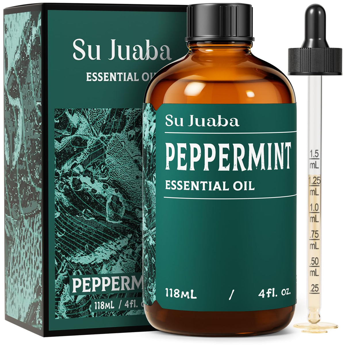 Huile SU JUABA menthe poivrée en bouteille ambrée, idéale pour une diffusion rafraîchissante.