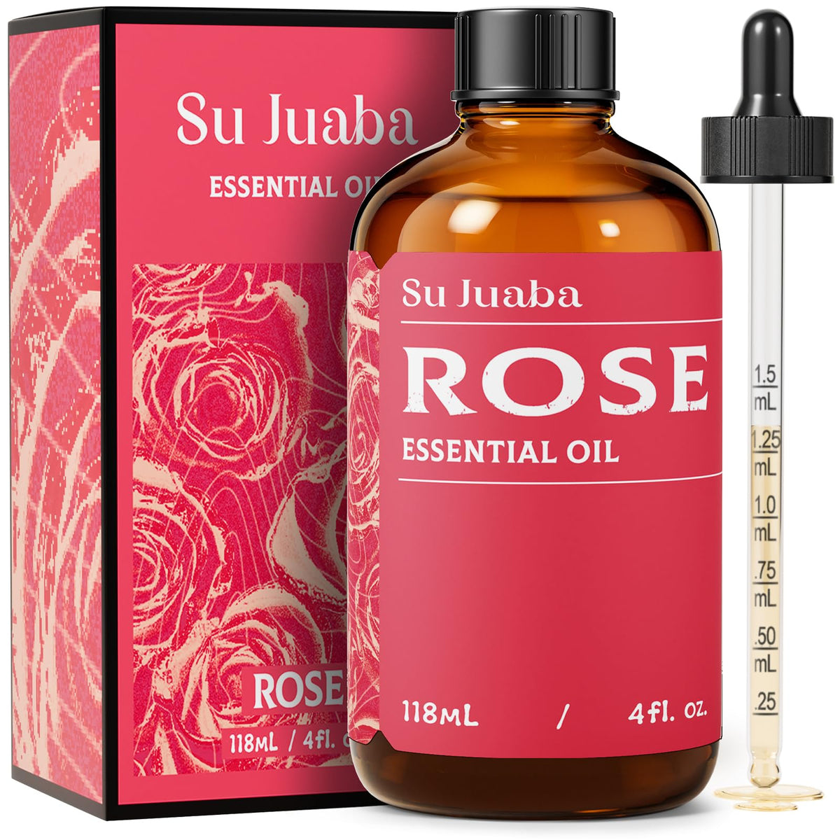 Huile essentielle SU JUABA rose en flacon ambré, parfum riche et pur.