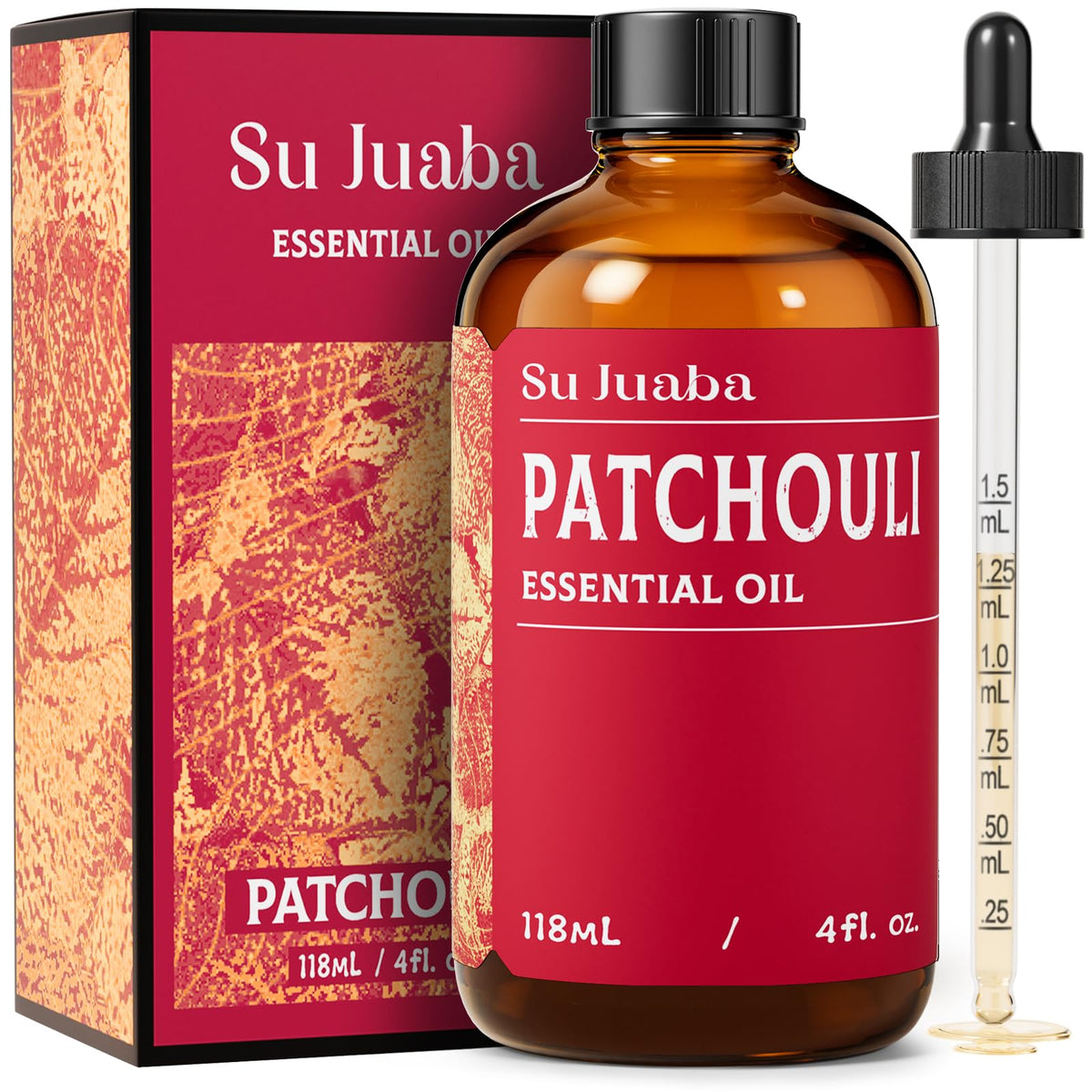 SU JUABA Patchouli: bouteille ambrée montrant pureté et arôme durable