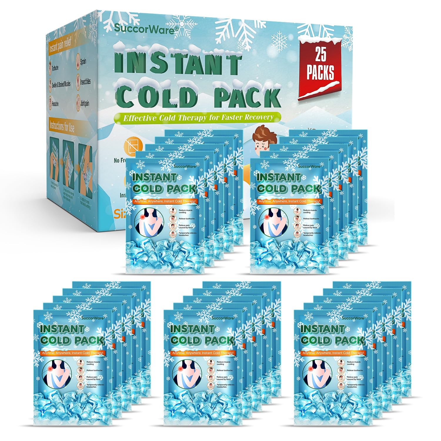 Sachets froid SuccorWare grand format prêt à l’emploi pour blessures mineures.