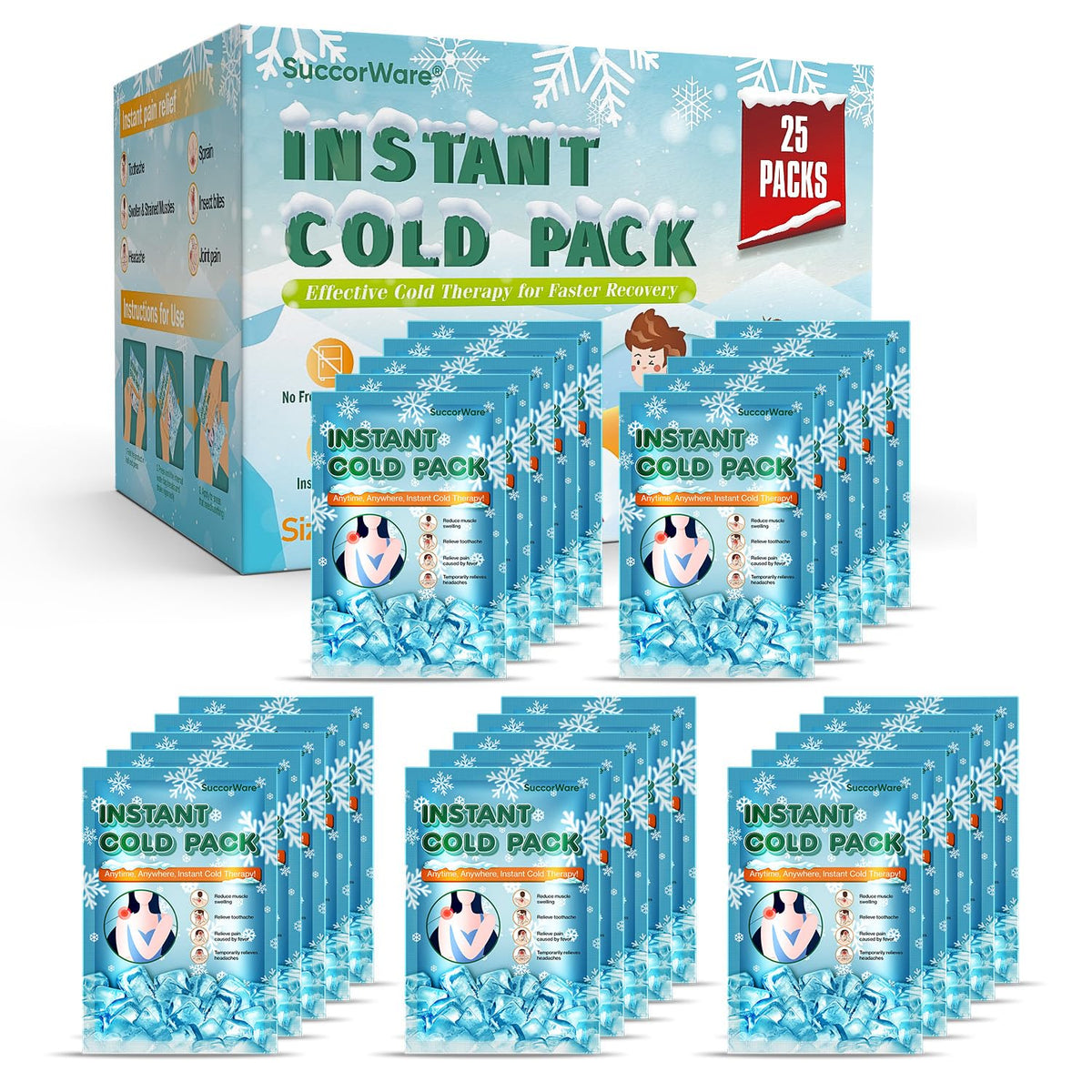 Sachets froid SuccorWare grand format prêt à l’emploi pour blessures mineures.
