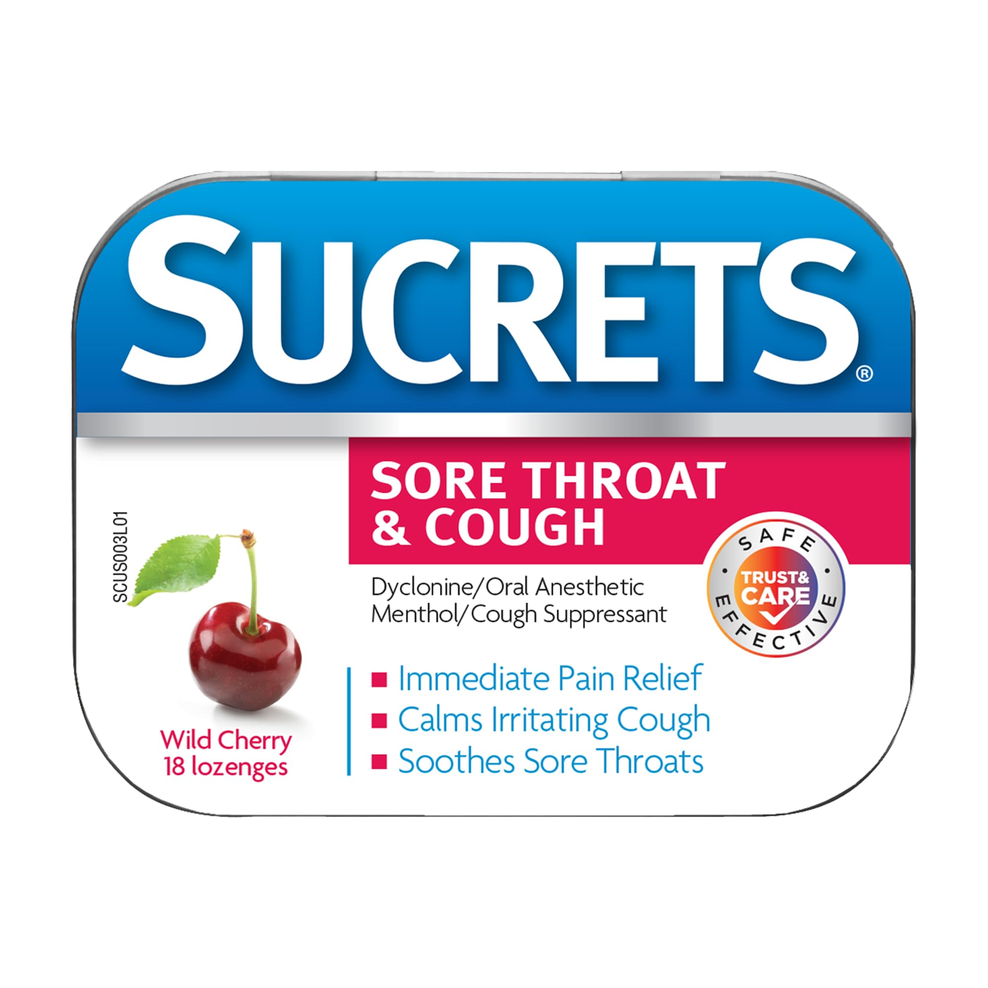 Boîte Sucrets et pastilles cerise sauvage, soulagement rapide des irritations de gorge.