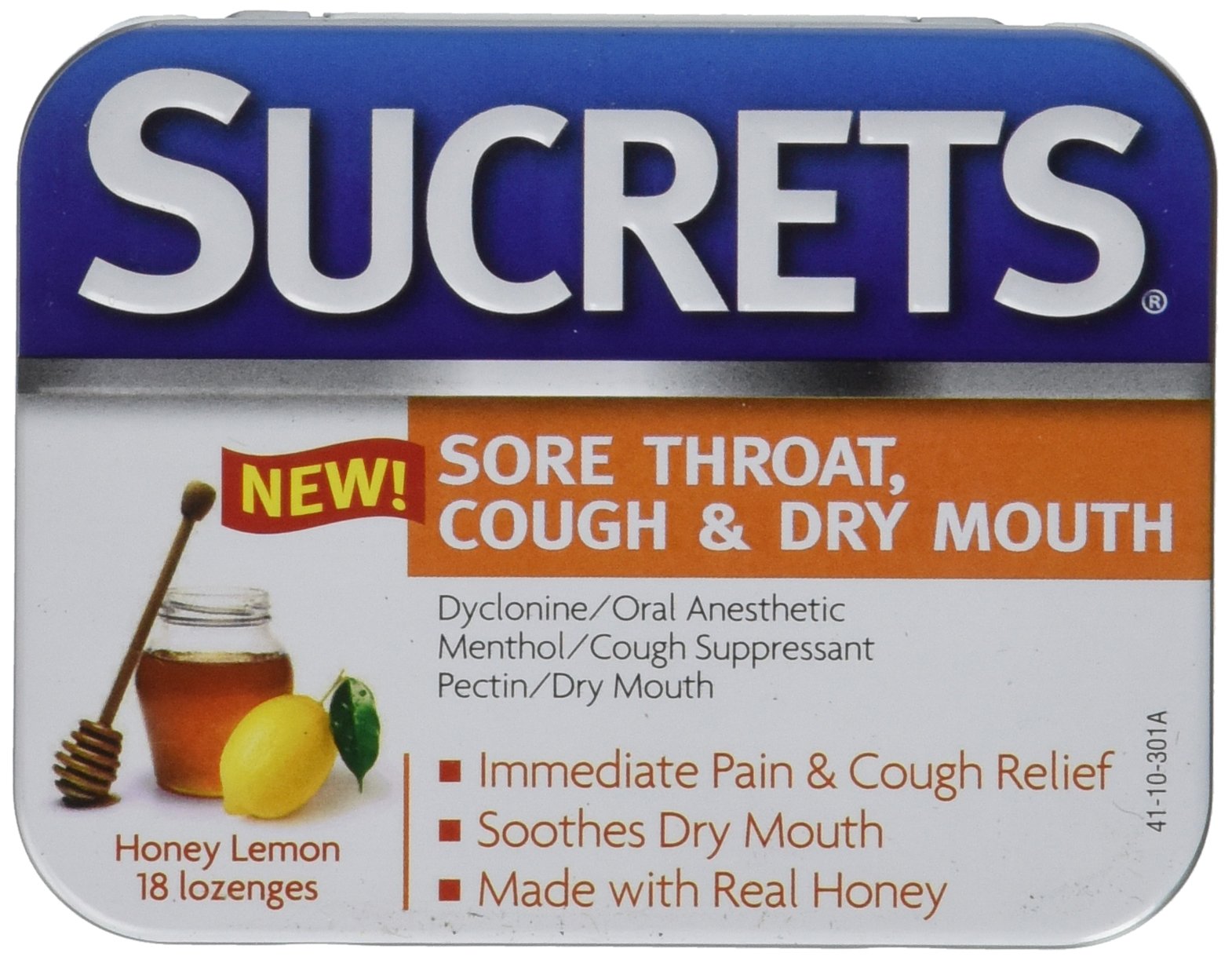 Pastilles Sucrets miel citron, vue sur la boîte métallique, pratique en déplacement.