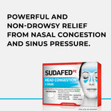 Étiquette Sudafed PE montrant dosage et précautions.