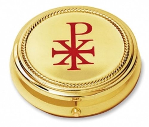 Sudbury Chi Rho Hosp Pyx-3 doré, pyx prêt à contenir osties pour la communion.