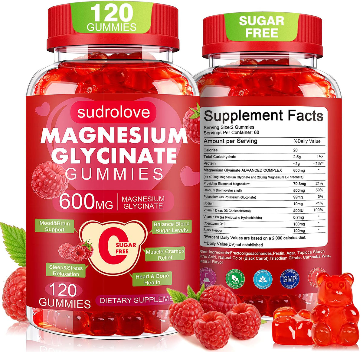 Sudrolove gommes magnésium-framboise – bouteille pratique pour le quotidien et le calme.